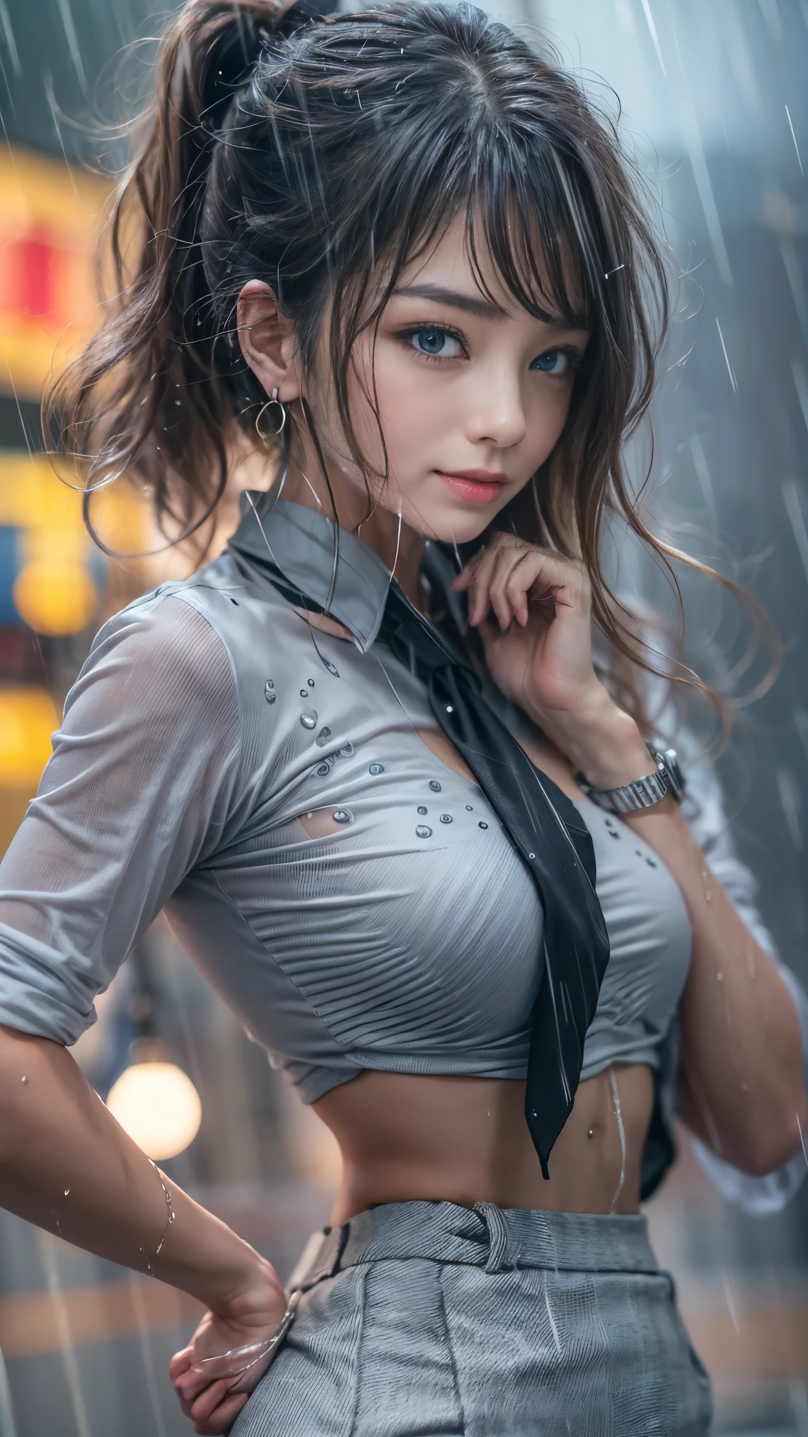 (RAW shooting, Photoreal:1.5, 8K, highest quality, masterpiece, ultra high resolution), perfect dynamic composition:1.2, Night street corner of a modern city, emotion, (((Typhoon heavy rain))), Highly detailed skin and facial textures:1.2, Slim office lady wet in the rain:1.3, sexy beauty:1.1, perfect style:1.2, beautiful and aesthetic:1.1, Fair skin, very beautiful face, water droplets on the skin, (rain drips all over my body:1.2, wet body, wet hair:1.4, wet office skirt:1.2, wet office lady uniform:1.3), belt, (Medium chest, Bra see-through, Chest gap), (look of resignation, embarrassing smile, The expression on your face when you feel intense caress, Facial expression when feeling pleasure), (beautiful blue eyes, Eyes that feel beautiful eros:0.8), (Too erotic:0.9, Bewitching:0.9), cowboy shot, Shoulder bag, necklace, earrings, bracelet, clock