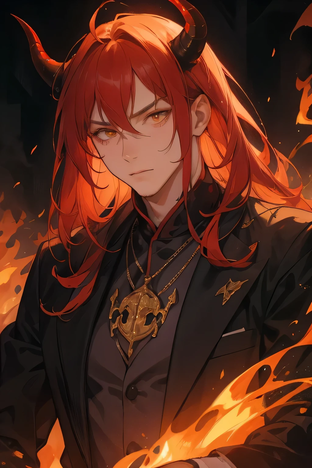 man, old man, young, a man, demon, black horns, golden eyes, red hair and purple fire