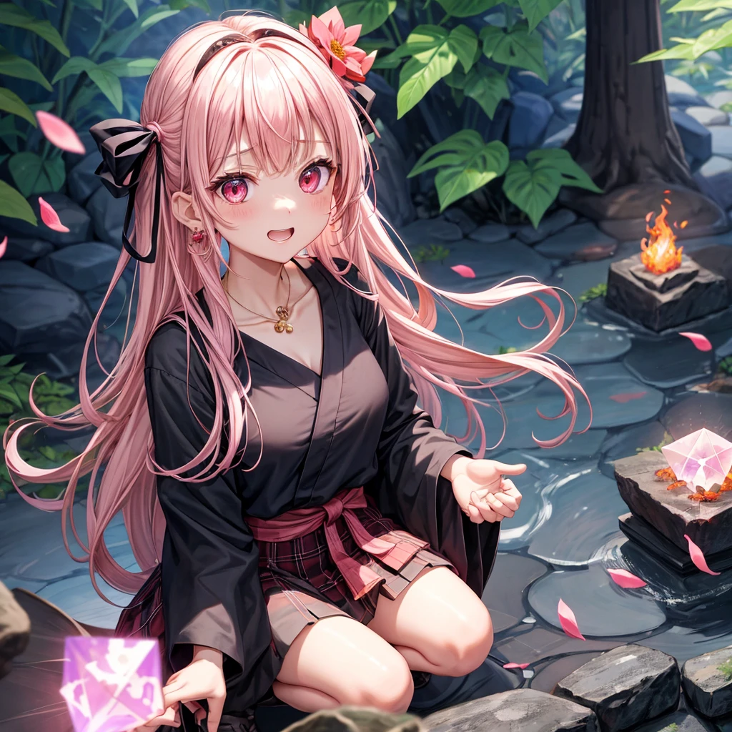 pink black blonde、red eyes、one good looking girl、solo、anime、plaid mini skirt、black camisole、black t-shirt、kimono、wearing a ribbon、ribbon at waist、stone slabs are piled up、crystal earrings、jewelry necklace、Light and shadow、walking、clock、universe、vine plant、petal、tilting one&#39;s face、teeth are visible、fire spirit、book of magic、Cube、bamboo forest、lava、Plum blossom、squatting down