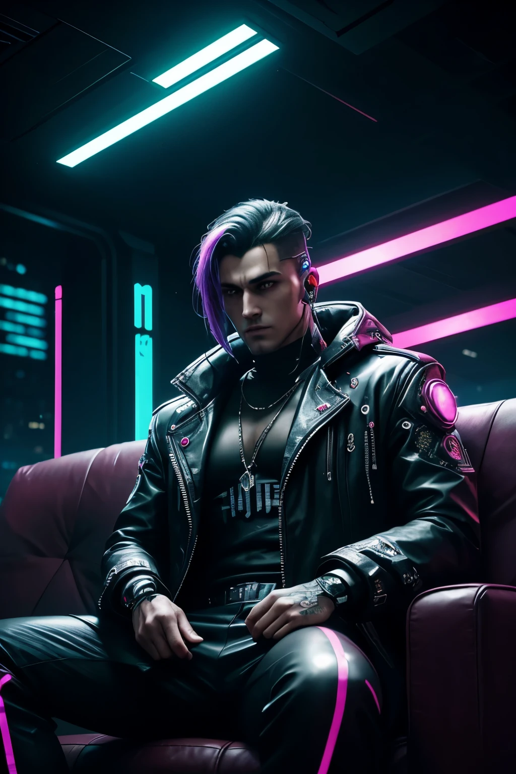 A man sitting on couch, corporate outfit, cyberpunk angry gorgeous man, Cyberpunk Style, , Cyberpunk 2 0 y. o model guy, cyberpunk aesthetics, Cyberpunk guy, has cyberpunk style, beautiful , cyberpunk horror style, cyberpunk photo, cyber punk formal suit style, Cyberpunk art style, cyber punk style, neon-light-effect.
