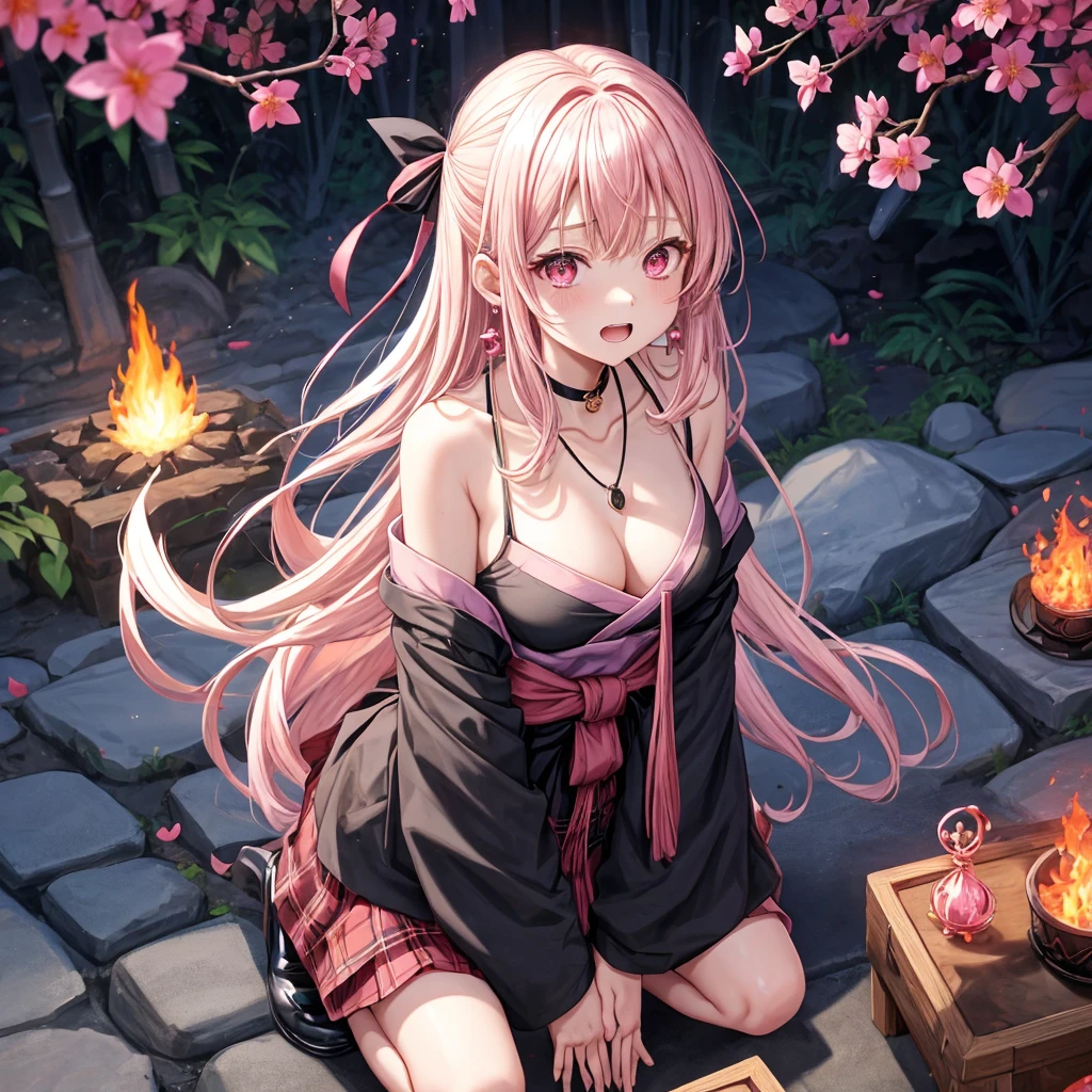 pink black blonde、red eyes、one good looking girl、solo、anime、plaid mini skirt、black camisole、black t-shirt、kimono、wearing a ribbon、ribbon at waist、stone slabs are piled up、crystal earrings、jewelry necklace、Light and shadow、walking、clock、universe、vine plant、petal、tilting one&#39;s face、teeth are visible、fire spirit、book of magic、Cube、bamboo forest、lava、Plum blossom、squatting down