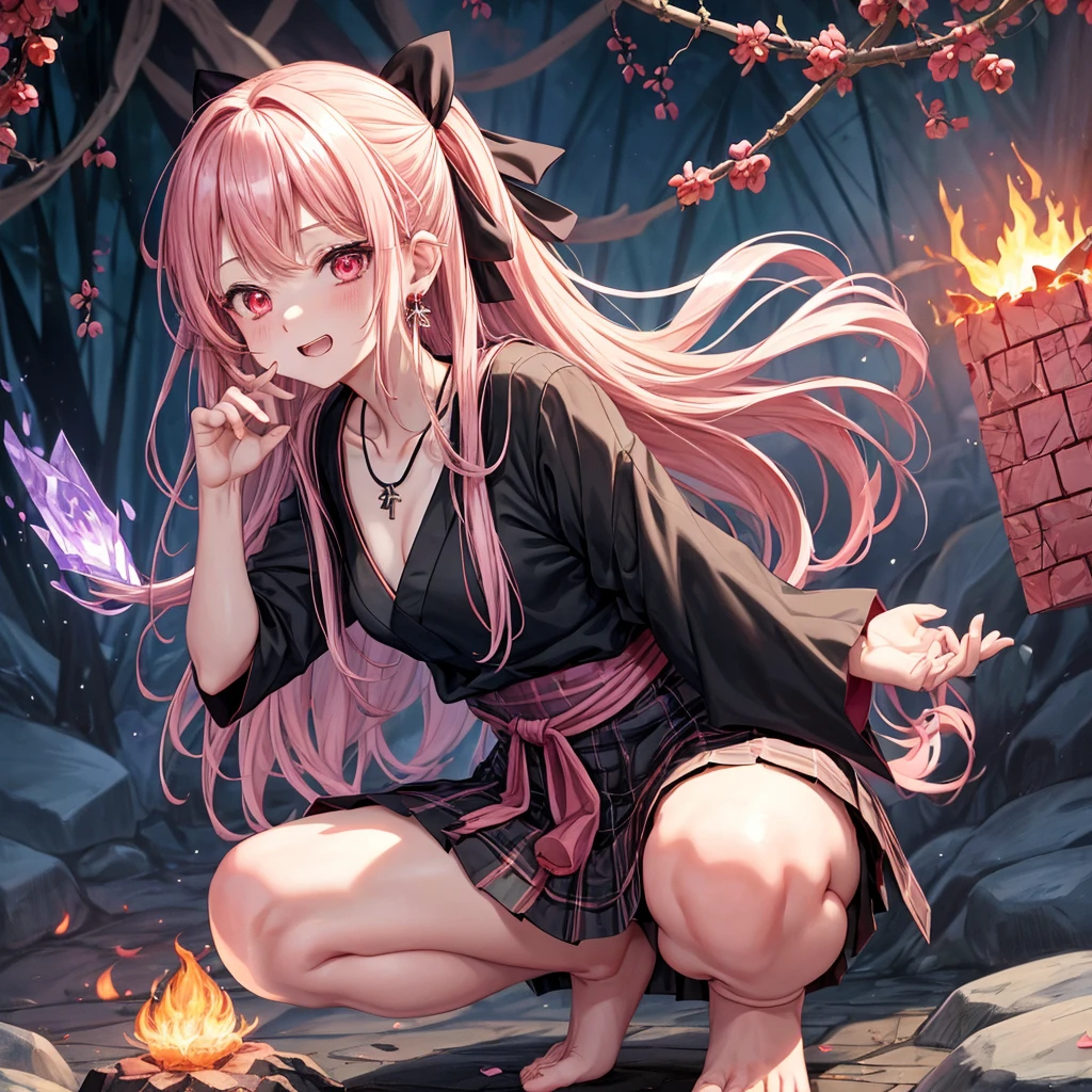 pink black blonde、red eyes、one good looking girl、solo、anime、plaid mini skirt、black camisole、black t-shirt、kimono、wearing a ribbon、ribbon at waist、stone slabs are piled up、crystal earrings、jewelry necklace、Light and shadow、walking、clock、universe、vine plant、petal、tilting one's face、teeth are visible、fire spirit、book of magic、Cube、bamboo forest、lava、Plum blossom、squatting down