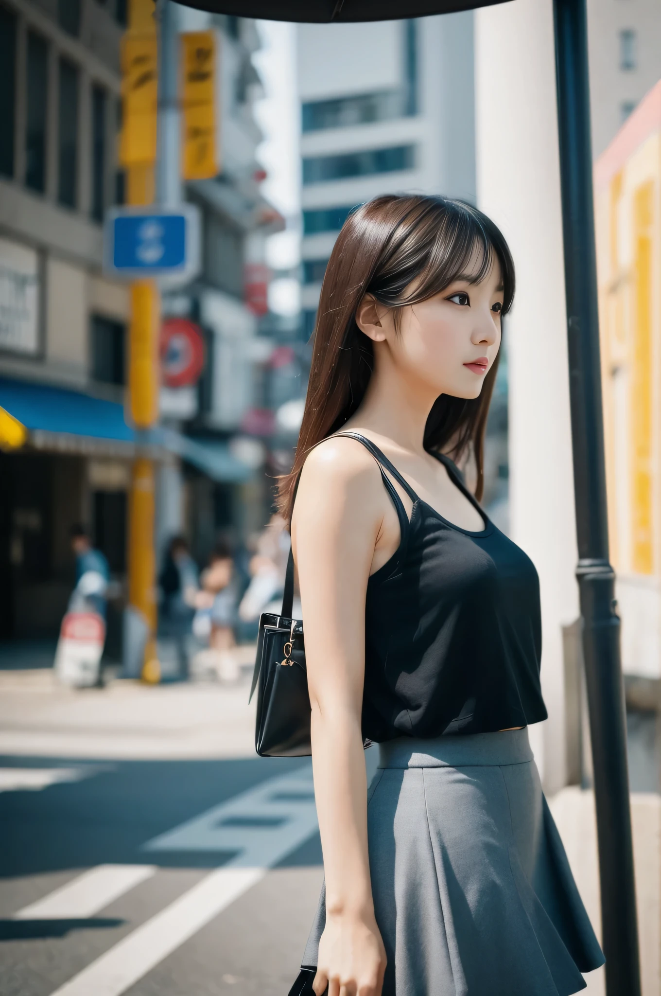 highest quality,masterpiece,32k,realistic,incredibly absurd,Depth of the bounds written、blur background、professional lighting,cinematic lighting,profile,slim and smooth lines,きれいなDay本人女性の写真,25 year old girl,standing posture,city,Wind,Day,nice weather,long hair,black hair,Tank top,mini skirt,Hilarious,