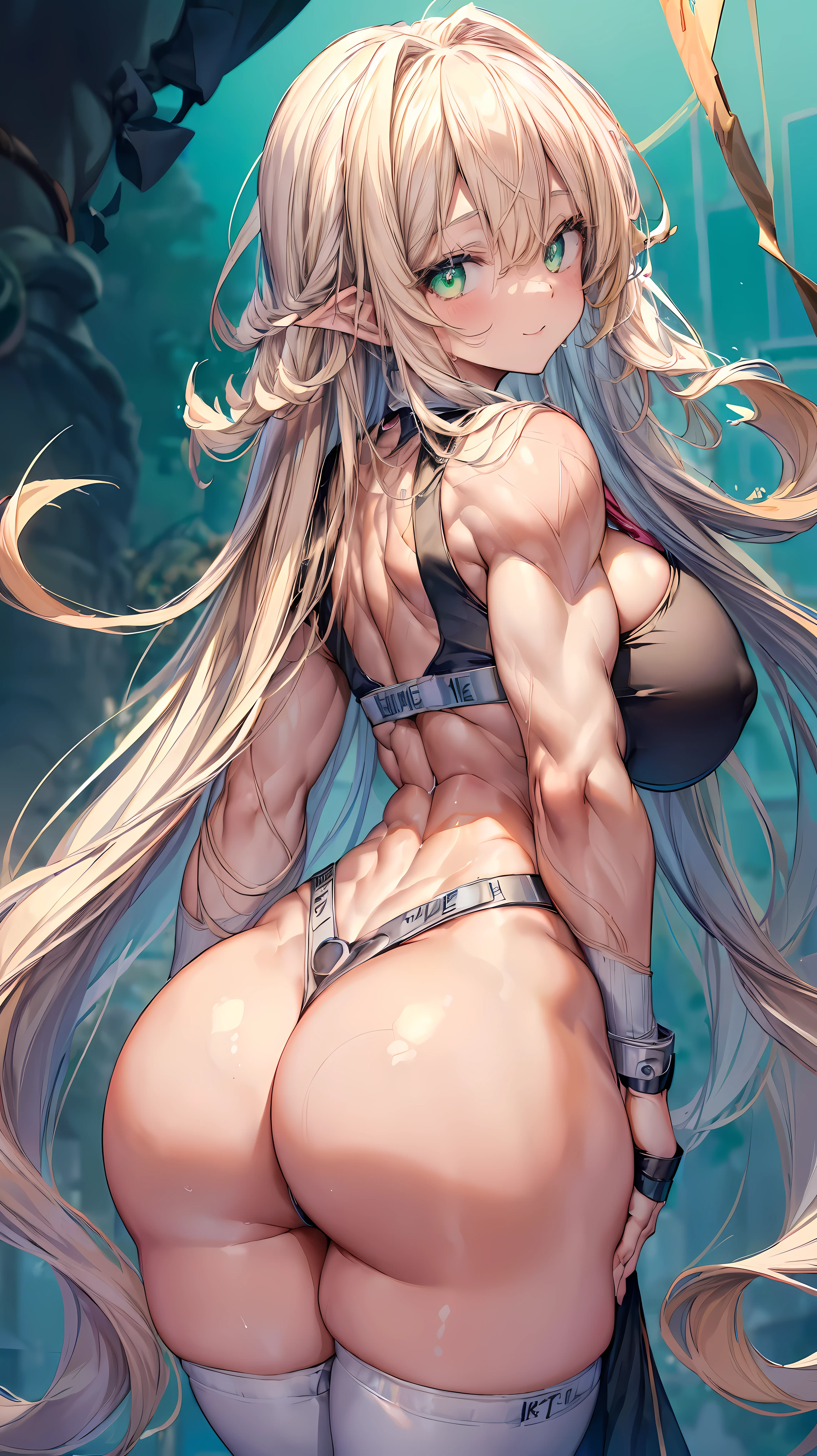 sensual, ((long blonde curly hair)), thick thighs, 8K, 4k, highest quality, High resolution:1.2), cute anime face, noise reduction, ((glowing green eyes, gentle smile, kind eyes))、(whole body muscles:1.5)、 young face, anime eyes, (((big breasty chest is about to burst)))、(((bondage style)))、(((Rear view、I&#39;I&#39;ll turn around、emphasize the buttocks、T-back that digs into your butt)))、(((white string)))