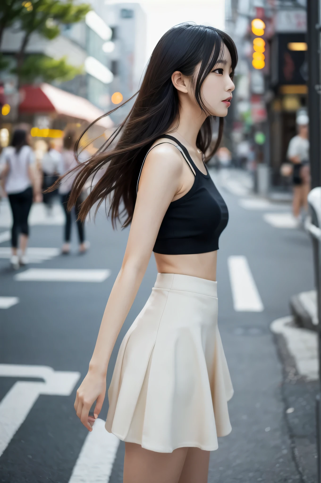 highest quality,masterpiece,32k,realistic,incredibly absurd,Depth of the bounds written、blur background、professional lighting,cinematic lighting,profile,slim and smooth lines,きれいなDay本人女性の写真,25 year old girl,standing posture,city,Wind,Day,nice weather,long hair,black hair,Tank top,mini skirt,Hilarious,