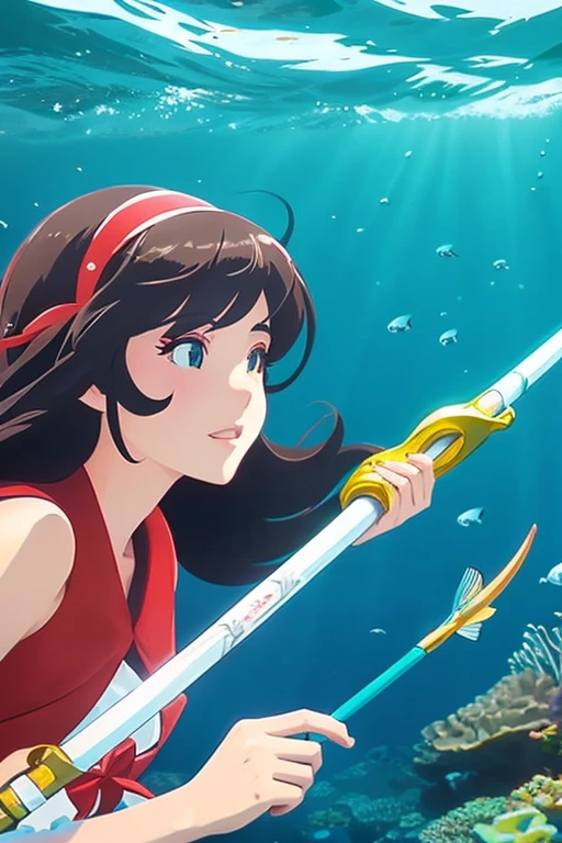 Beautiful woman snorkeling in the sea、Catching fish with a harpoon , highest quality, very detailed, sea background、Aiming for flounder with a harpoon、Anime style photo