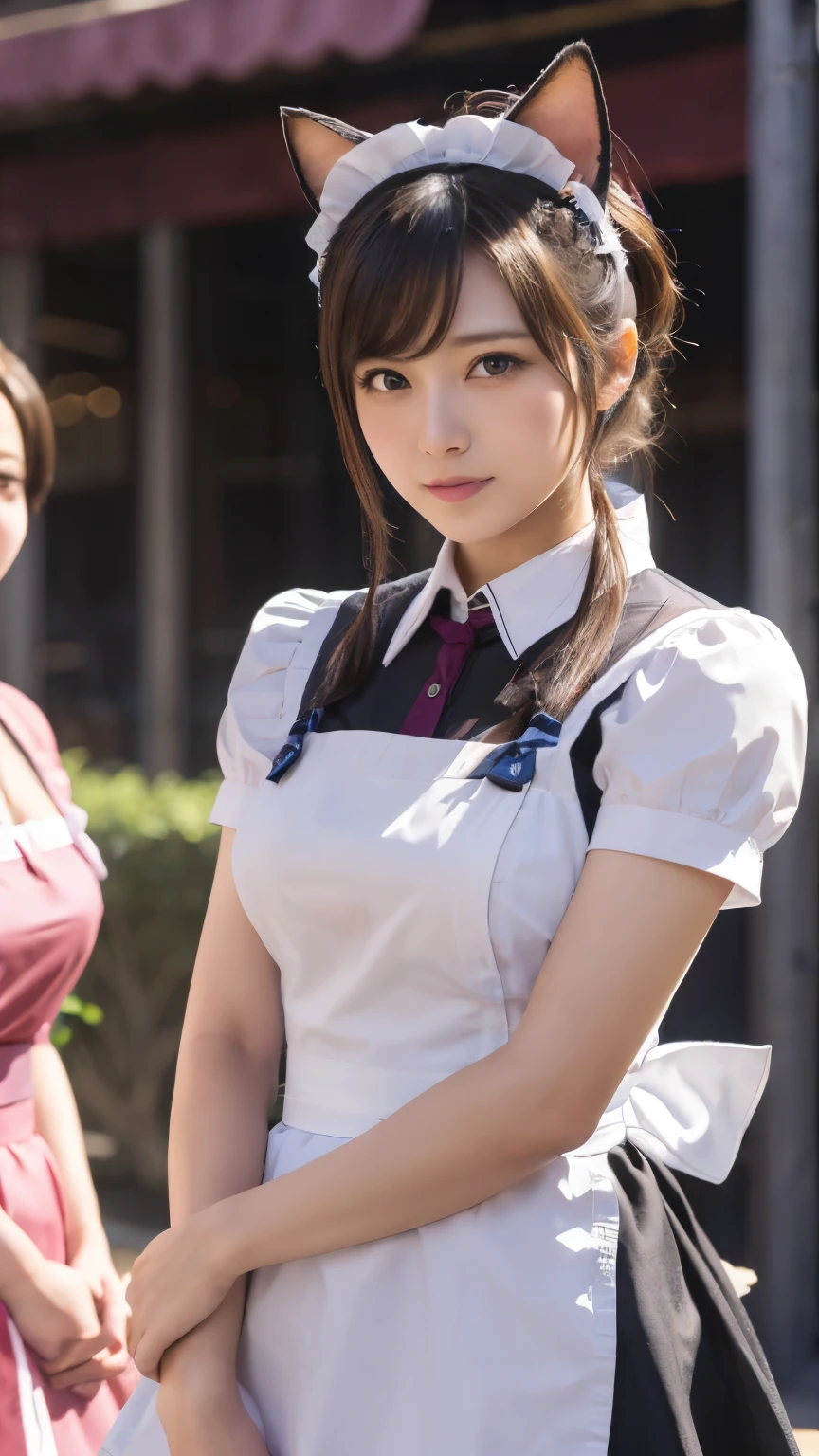 masterpiece, 4k, Bokeh, beautiful face, (multiple girls:1.4), Harem, (group photo:1.2), (Cat ears:1.3), (bob hair:1.2), (pink maid uniform:1.4), looking at the viewer, (maid cafe:1.6), cowboy shot,