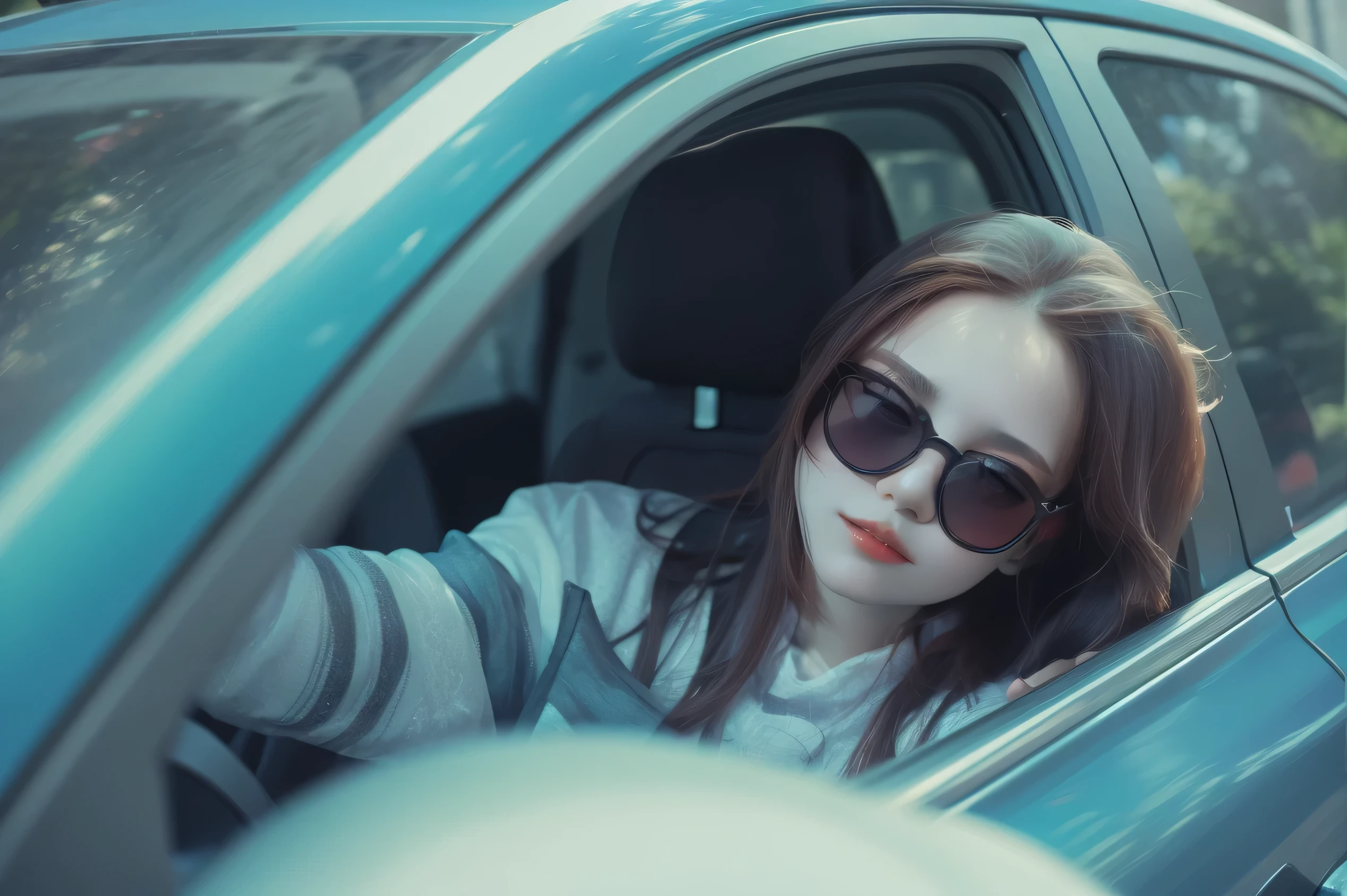 Wear sunglasses的阿拉夫女人坐在车里,Put your hand out the window, sitting in her car, 戴着blue太阳镜, Taking pictures, portrait shooting, drive, photo, pov photo, Comes with sunglasses, Wearing cool sunglasses, Wearing mirrored sunglasses, crystal, portrait photo, Still photos, blue, young asian woman, Wear sunglasses