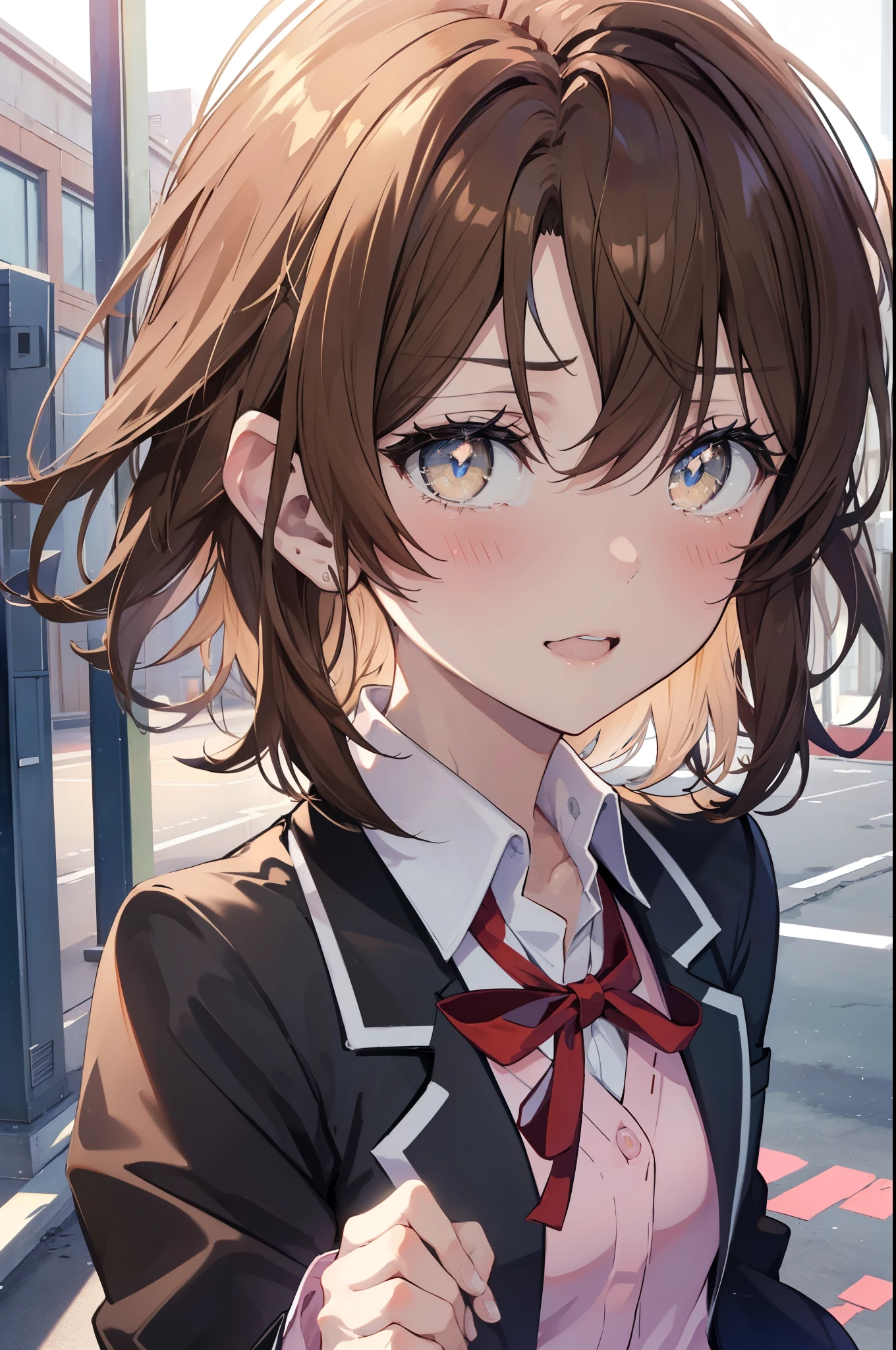 irohaisshiki, iroha isshiki, short hair, brown hair, (brown eyes:1.5), Smile with open mouth,blush,tears run down her face,tears of joy,
break skirt, shirt, ribbon, , Jacket, white shirt, closed clothes, socks, open Jacket, black Jacket, plaid, knee high, plaid skirt, blazer, cardigan, black socks, pink cardigan, the room is expensive ,Gymの舞台上でスピーチしている,graduation ceremony,
break indoors, School　Gym,
break looking at viewer,
break (masterpiece:1.2), highest quality, High resolution, unity 8k wallpaper, (shape:0.8), (fine and beautiful eyes:1.6), highly detailed face, perfect lighting, Very detailed CG, (perfect hands, perfect anatomy),