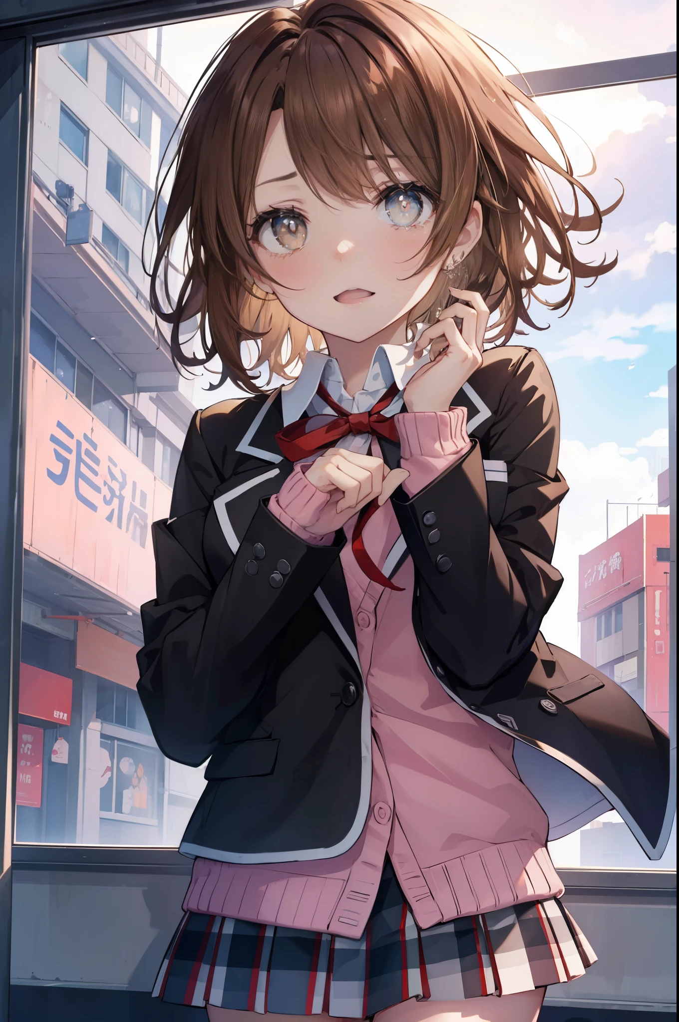 irohaisshiki, iroha isshiki, short hair, brown hair, (brown eyes:1.5), Smile with open mouth,blush,tears run down her face,tears of joy,
break skirt, shirt, ribbon, , Jacket, white shirt, closed clothes, socks, open Jacket, black Jacket, plaid, knee high, plaid skirt, blazer, cardigan, black socks, pink cardigan, the room is expensive ,Gymの舞台上でスピーチしている,graduation ceremony,
break indoors, School　Gym,
break looking at viewer,
break (masterpiece:1.2), highest quality, High resolution, unity 8k wallpaper, (shape:0.8), (fine and beautiful eyes:1.6), highly detailed face, perfect lighting, Very detailed CG, (perfect hands, perfect anatomy),