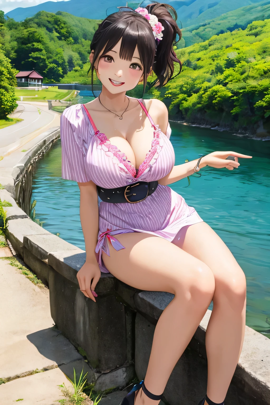 highest quality、High resolution、detailed background、Beautiful and dense face、beautiful and smooth skin、skin texture、braided ponytail、(huge breasts:1.3)、(realistic:1.1)、perfect body line、(3人のcute美少女:1.5)、pink floral embroidered panties、pink floral embroidered bra、
A shirt dress is an item that gives a beautiful impression..、
Add style to a brightly colored or striped shirt dress by marking the waist with a belt.、sandals or heels、Accessories such as shoulder bags、
(Everyone is having fun together:1.1)、Laugh playfully、smile、sexual expression、emphasize the chest、emphasize cleavage、cute、panty shot、camel toe、
Shiretoko Goko Lakes、A group of lakes located on the Shiretoko Peninsula in Hokkaido.。.、
A landscape where beautiful lake water and surrounding nature are in harmony, and especially in the summer, The blue lake surface shines.