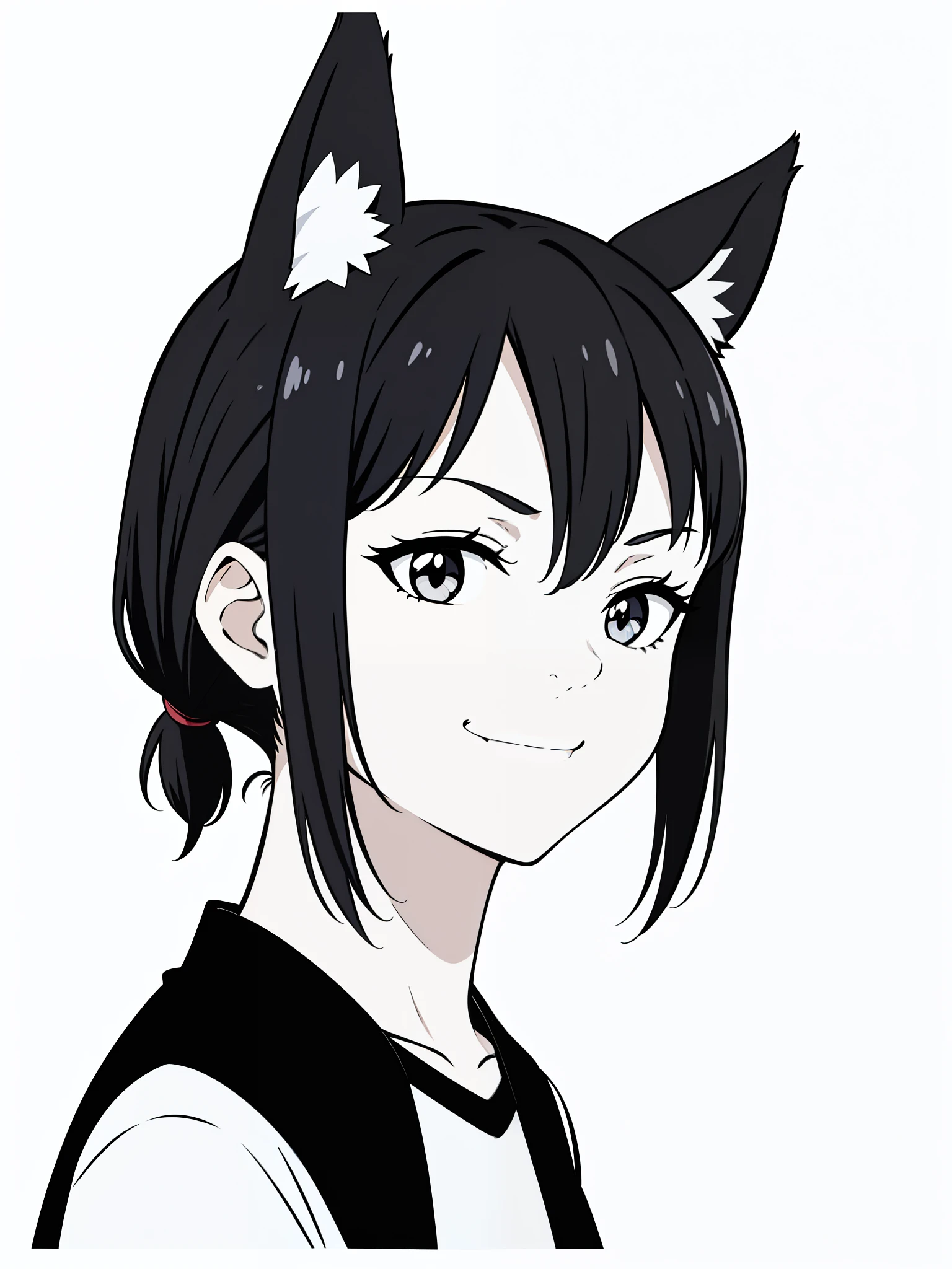 (1girl,16 years old),solo,angry,black hair,ponytail hair,short hair,fox ears,black shirt,(white background,line drawing),portrait,smile, one eye closed,
