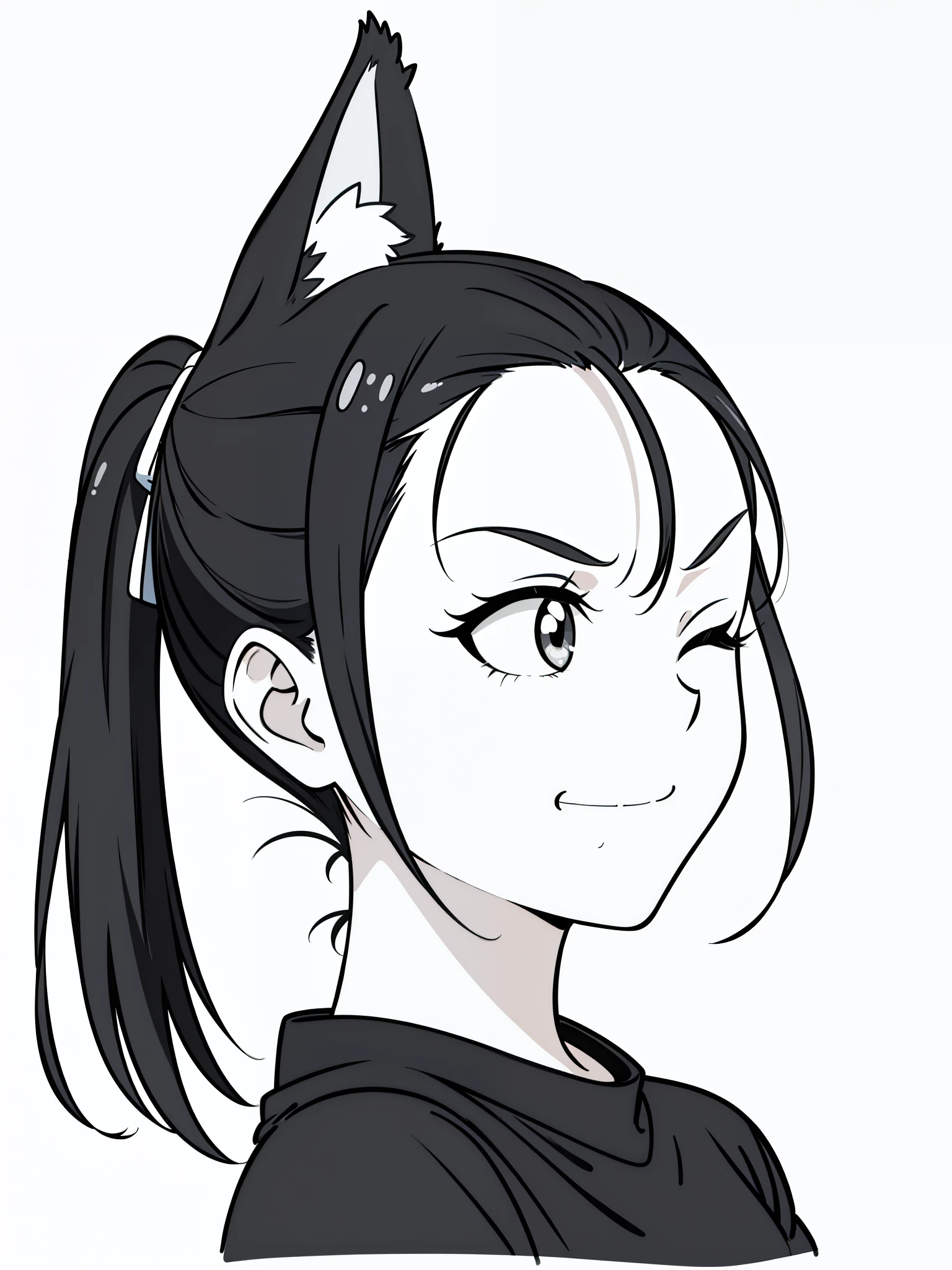(1girl,16 years old),solo,angry,black hair,ponytail hair,short hair,fox ears,black shirt,(white background,line drawing),portrait,smile, one eye closed,