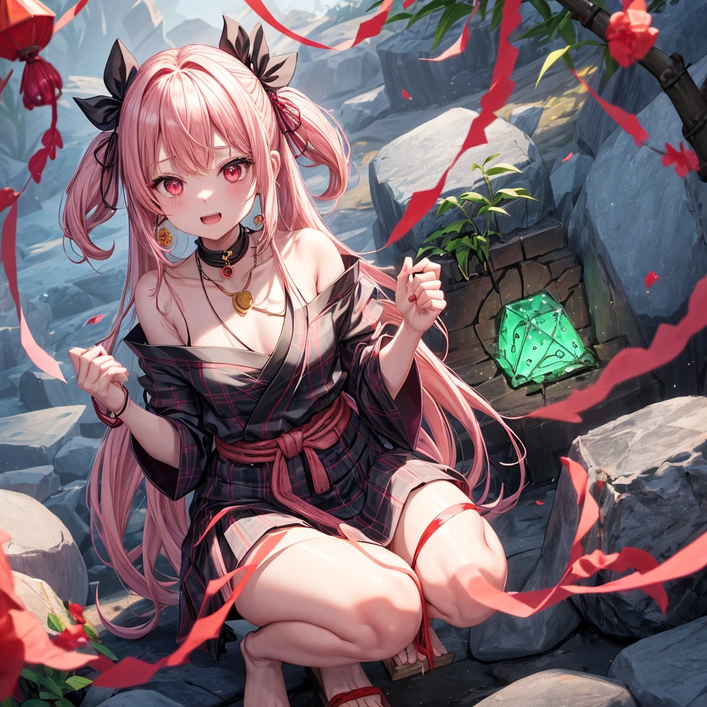 pink black blonde、red eyes、one good looking girl、solo、anime、plaid mini skirt、black camisole、black t-shirt、kimono、wearing a ribbon、ribbon at waist、stone slabs are piled up、crystal earrings、jewelry necklace、Light and shadow、walking、clock、universe、vine plant、petal、tilting one's face、teeth are visible、fire spirit、book of magic、Cube、bamboo forest、lava、Plum blossom、squatting down