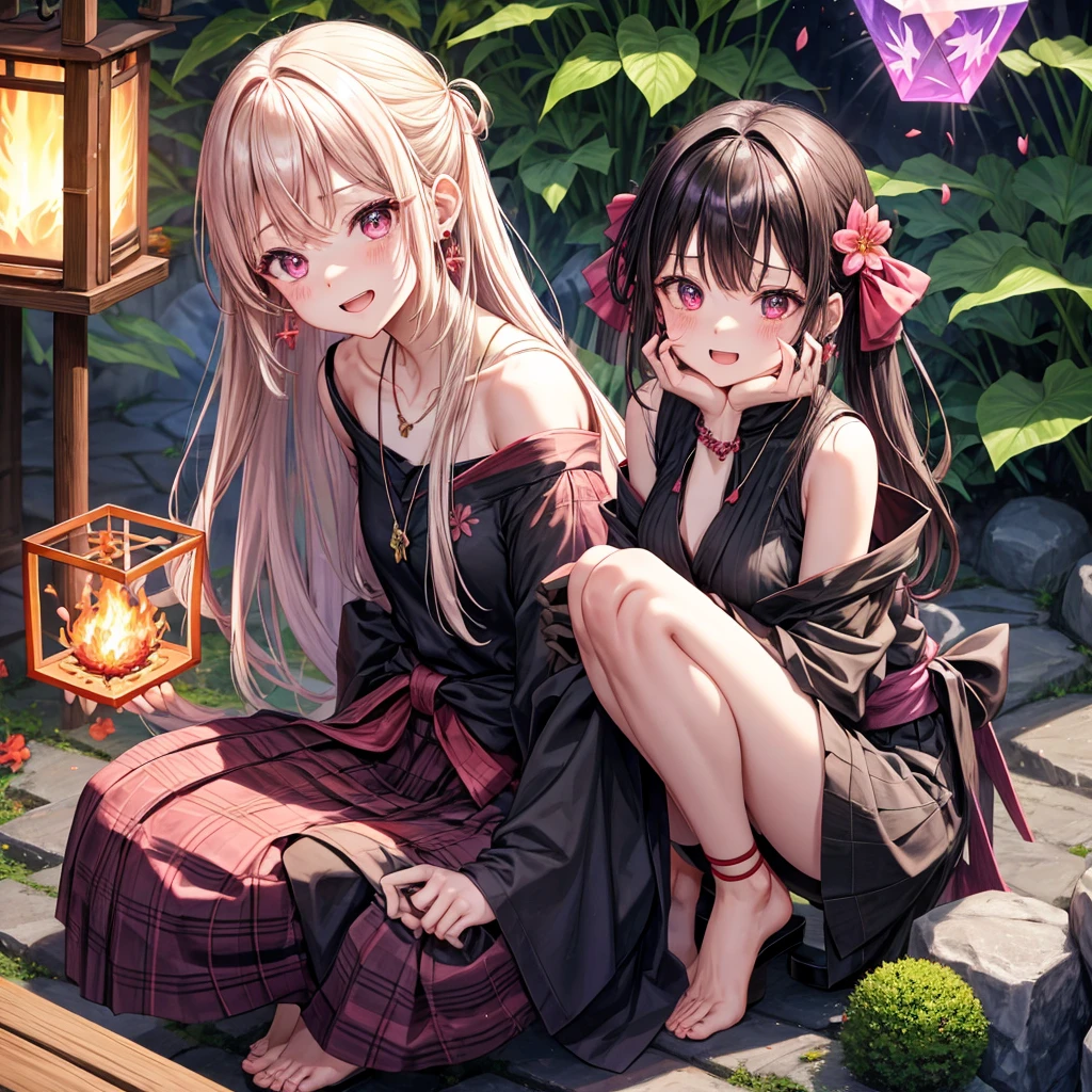 pink black blonde、red eyes、one good looking girl、solo、anime、plaid mini skirt、black camisole、black t-shirt、kimono、wearing a ribbon、ribbon at waist、stone slabs are piled up、crystal earrings、jewelry necklace、Light and shadow、walking、clock、universe、vine plant、petal、tilting one's face、teeth are visible、fire spirit、book of magic、Cube、bamboo forest、lava、Plum blossom、squatting down