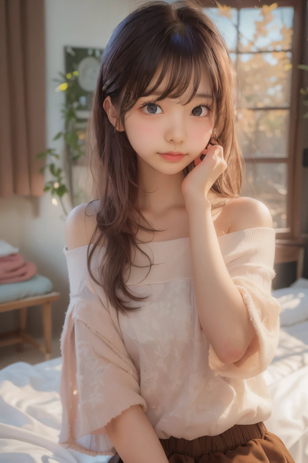 Ultra High Resolution, (Realistic: 1.4), RAW Photo, Best Quality, (Photorealistic), Focus, Soft Light, ((20 years old)), ((Japanese)), (Front, Young Face))), (Depth of Field), (One Piece), Masterpiece, (Photoreal), Woman, Bangs, (( off-the-shoulder top, Bedroom, 1 Girl))