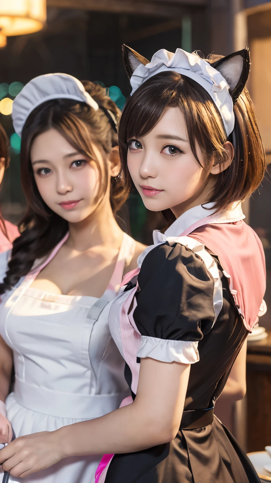 masterpiece, 4k, Bokeh, beautiful face, (multiple girls:1.5), (group photo:1.2), (Cat ears:1.3), (bob hair:1.2), (pink maid uniform:1.4), looking at the viewer, (maid cafe:1.6), cowboy shot,