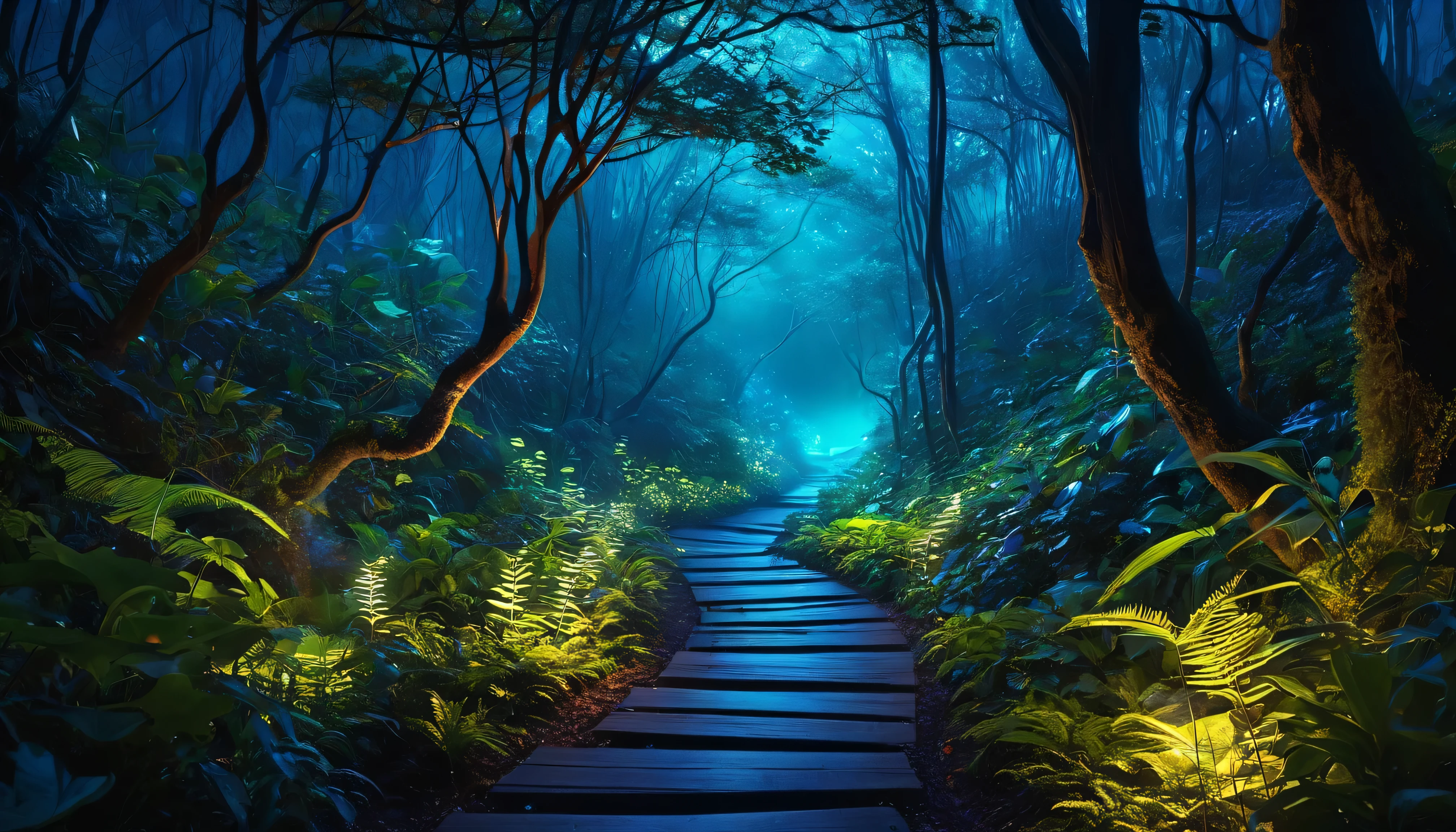 Illustrate a narrow pathway meandering through a bioluminescent forest at night, illuminated by the natural glow of the flora and fauna. The path is bordered by vibrant, glowing plants of various shapes and sizes, guiding travelers through the heart of the forest. High above, branches and leaves create a luminous canopy, with occasional beams of moonlight breaking through. Along the path, small, luminous creatures can be seen, adding to the mystical feel of the journey. This image should capture the allure and mystery of exploring a living, breathing world of light in the darkness.