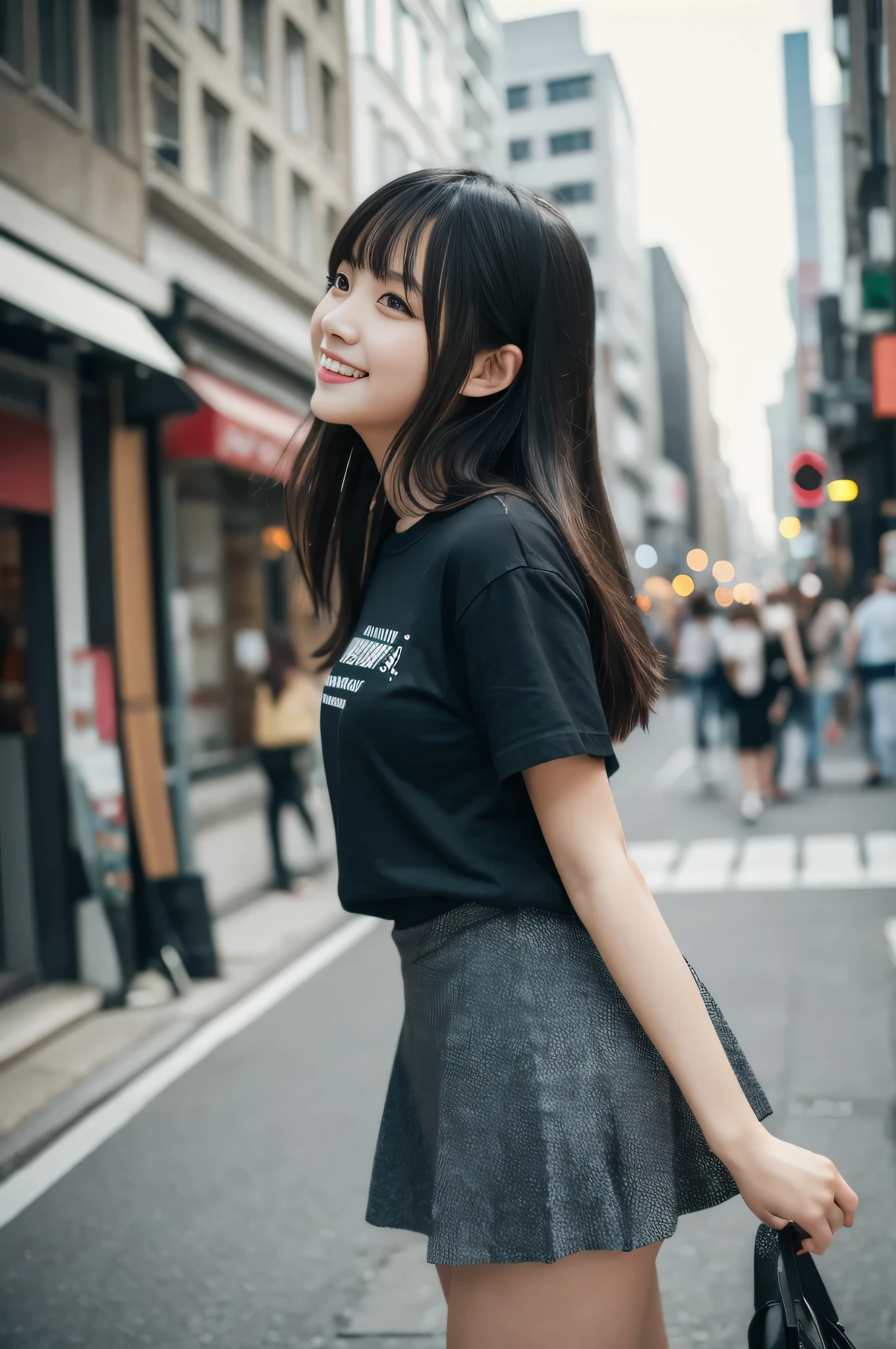 highest quality,masterpiece,32k,realistic,incredibly absurd,Depth of the bounds written、blur background、professional lighting,cinematic lighting,profile,slim and smooth lines,きれいなDay本人女性の写真,25 year old girl,Are standing,city,Wind,Day,nice weather,long hair,black hair,T-shirt,mini skirt,smile,