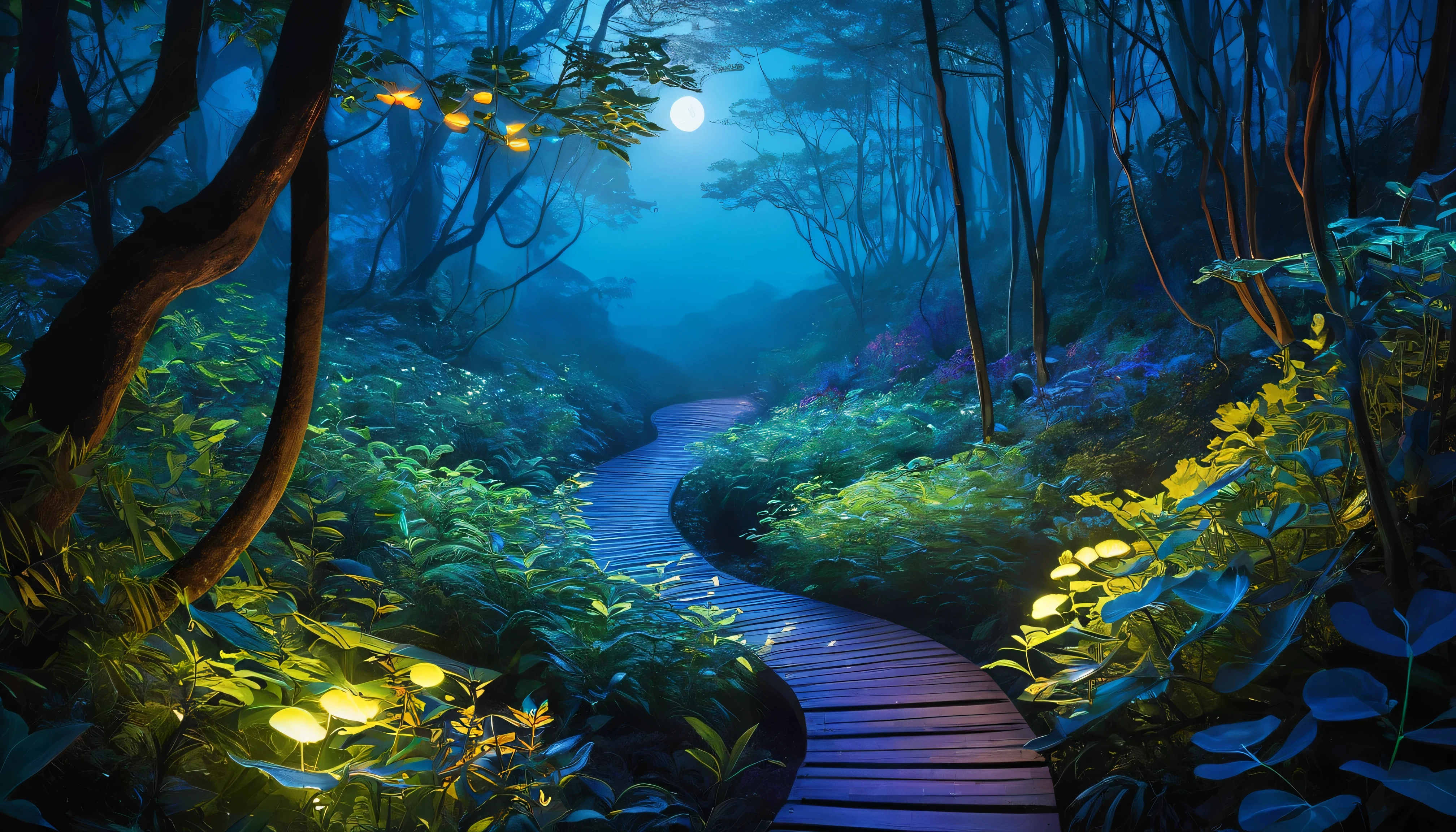 Illustrate a narrow pathway meandering through a bioluminescent forest at night, illuminated by the natural glow of the flora and fauna. The path is bordered by vibrant, glowing plants of various shapes and sizes, guiding travelers through the heart of the forest. High above, branches and leaves create a luminous canopy, with occasional beams of moonlight breaking through. Along the path, small, luminous creatures can be seen, adding to the mystical feel of the journey. This image should capture the allure and mystery of exploring a living, breathing world of light in the darkness.