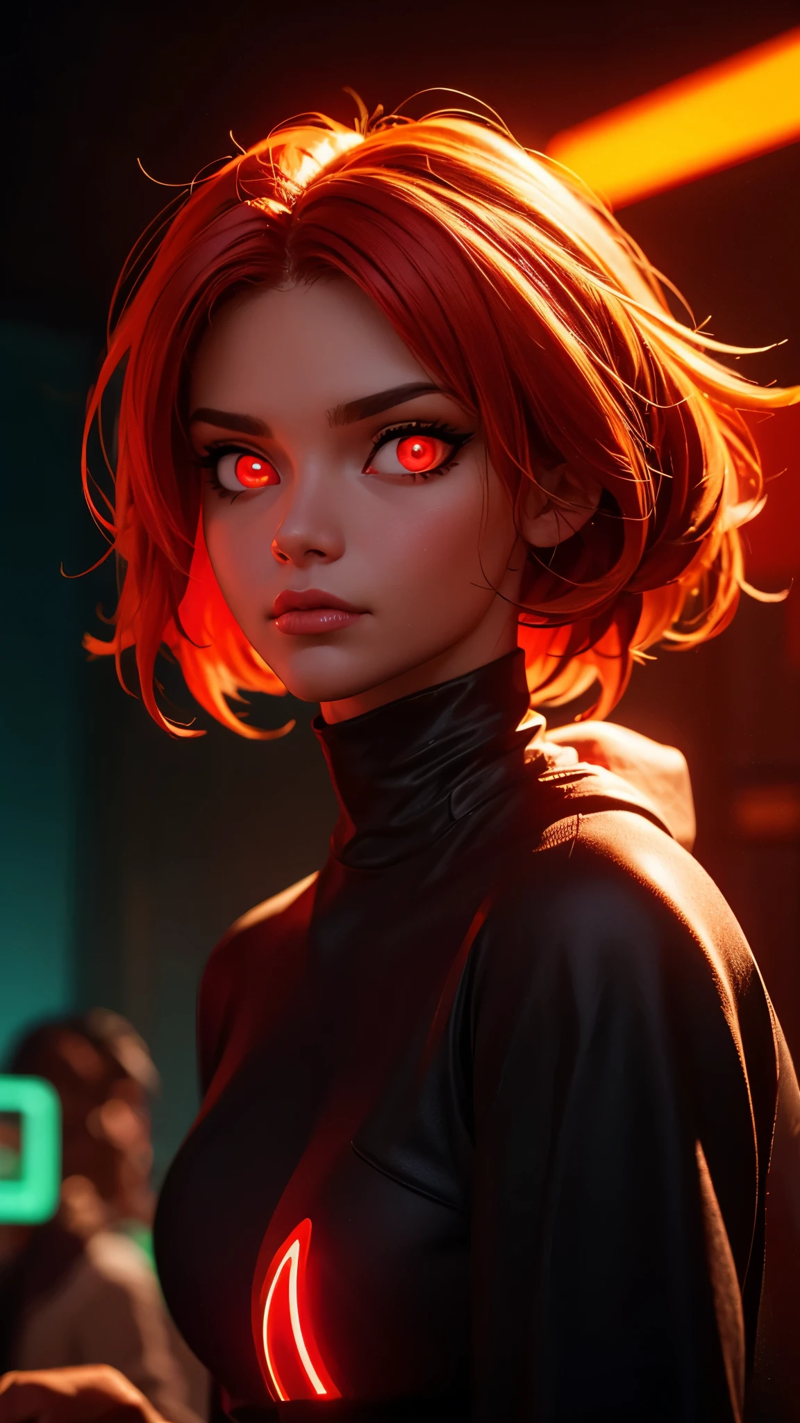 a woman in a black dress, glowing red, red and cinematic lighting, red glowing skin, red glow, cinematic red lighting, darkness aura red light, 3 d neon art of a womens body, red neon, with red glowing eyes, red on black, detailed red lighting, with glowing red eyes, red lighting, dark glowing red aura