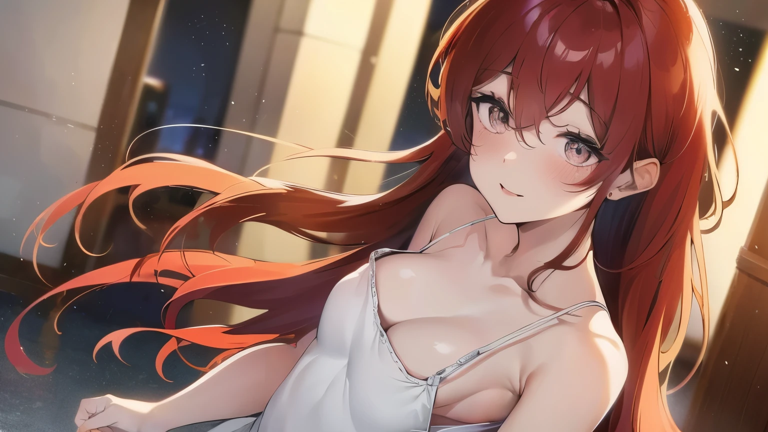 red long hair, masterpiece work, best quality, high resolution;,Improved detail,best quality,Perfect image quality,beautiful and sexy, first person view, small spots under the eyes , pretty, 큰 chest, 8K, ,chest 크게, pure white skin, chest, Beloved, excitement, beautiful, My heart is pounding, red hair, glamour, tempting, , girl friend, Gray-eyed pupils, indoor room, naked, porch, prone, hip, back, glamour, big breast