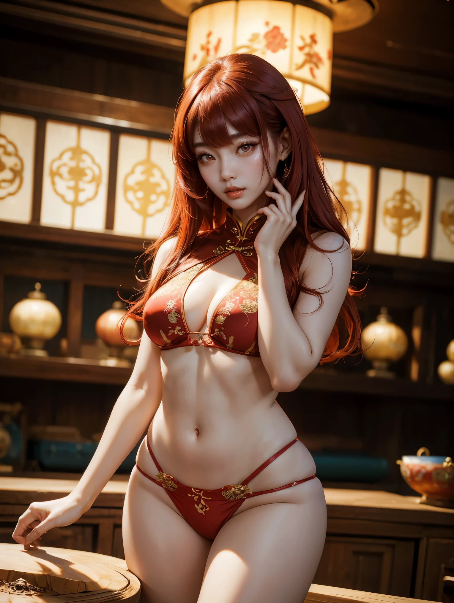 1 woman, beautiful Chinese woman, 25 years old, long red hair with bangs, porcelain skin, thighs, brown eyes, round breasts, wearing embroidered cheongsam|bikini, masterpiece, ultra HD, realistic masterpiece, blurred background, relaxed poses, full lips, perfect hands, perfect eyes, perfect face, perfect details, sharp focus