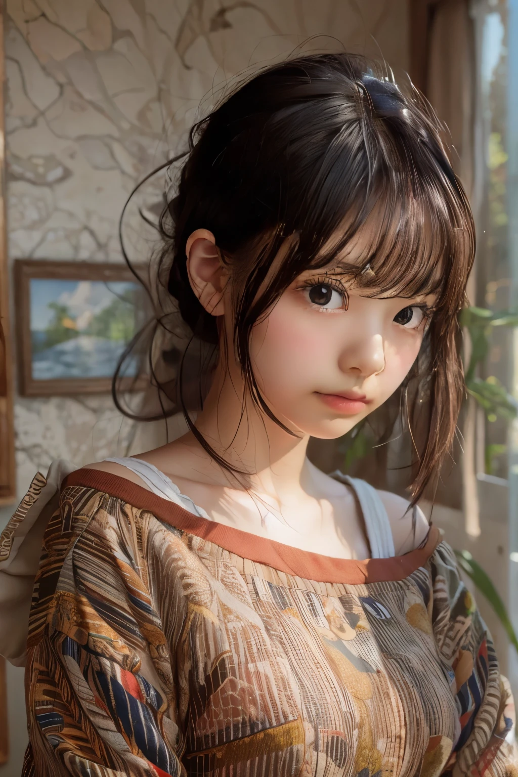 Ultra High Resolution, (Realistic: 1.4), RAW Photo, Best Quality, (Photorealistic), Focus, Soft Light, ((30 years old)), ((Japanese)), (Front, Young Face))), (Depth of Field), (One Piece), Masterpiece, (Photoreal), Woman, Bangs, (( off-the-shoulder top, Bedroom, 1 Girl))