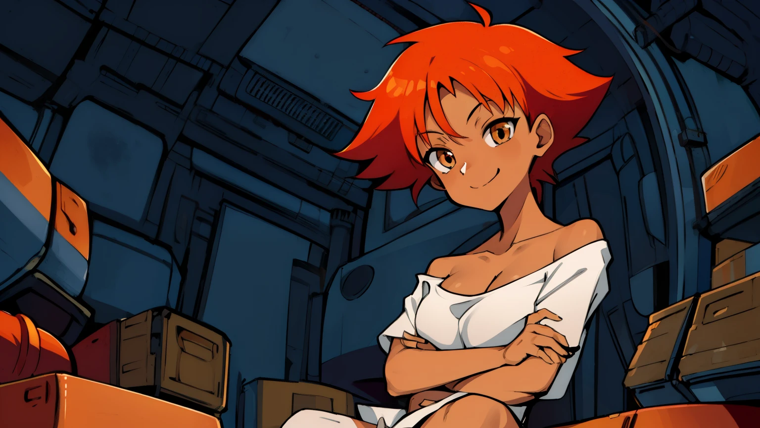 Edward,midriff,orange hair,white shirt,off shoulder,collarbone,tan skin, black bike shorts,goggles, brown eyes, space station,engine room, upper body,sitting, (((lotus position)))smiling, breasts, cleavage (insanely detailed, beautiful detailed face, masterpiece, best quality),