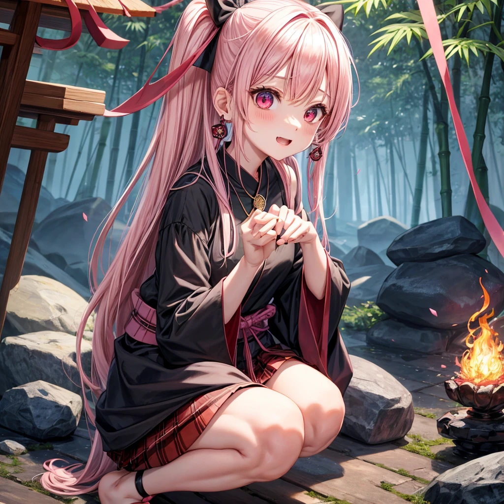 pink black blonde、red eyes、one good looking girl、solo、anime、plaid mini skirt、black camisole、black t-shirt、kimono、wearing a ribbon、ribbon at waist、stone slabs are piled up、crystal earrings、jewelry necklace、Light and shadow、walking、clock、universe、vine plant、petal、tilting one&#39;s face、teeth are visible、fire spirit、book of magic、Cube、bamboo forest、lava、Plum blossom、squatting down