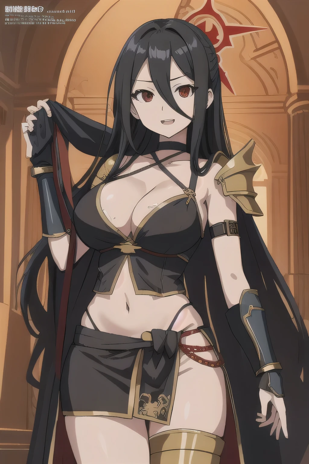 hasumi ba, long hair, choker, solo, black hair, large breasts, 1girl, black choker, hair between eyes, red eyes, parted lips, masterpiece, best quality, highly detailed, fantasy , a anime girls in armored dress holding a sword
posing for a picture, evil smile, smile, open mouth, breastplate with open cleavage, cleavage, warrior
outfit, ecchi anime style, anime girls, ecchi style, (nsfw) not safe for work, ecchi, digital anime art!!, in
anime style, official artwork, visual novel cg, beautiful anime girl, anime style 4 k , loincloth, exposed
belly, exposed navel, exposed midriff, exposed lower belly, pencil skirt armored, castle,inside castle