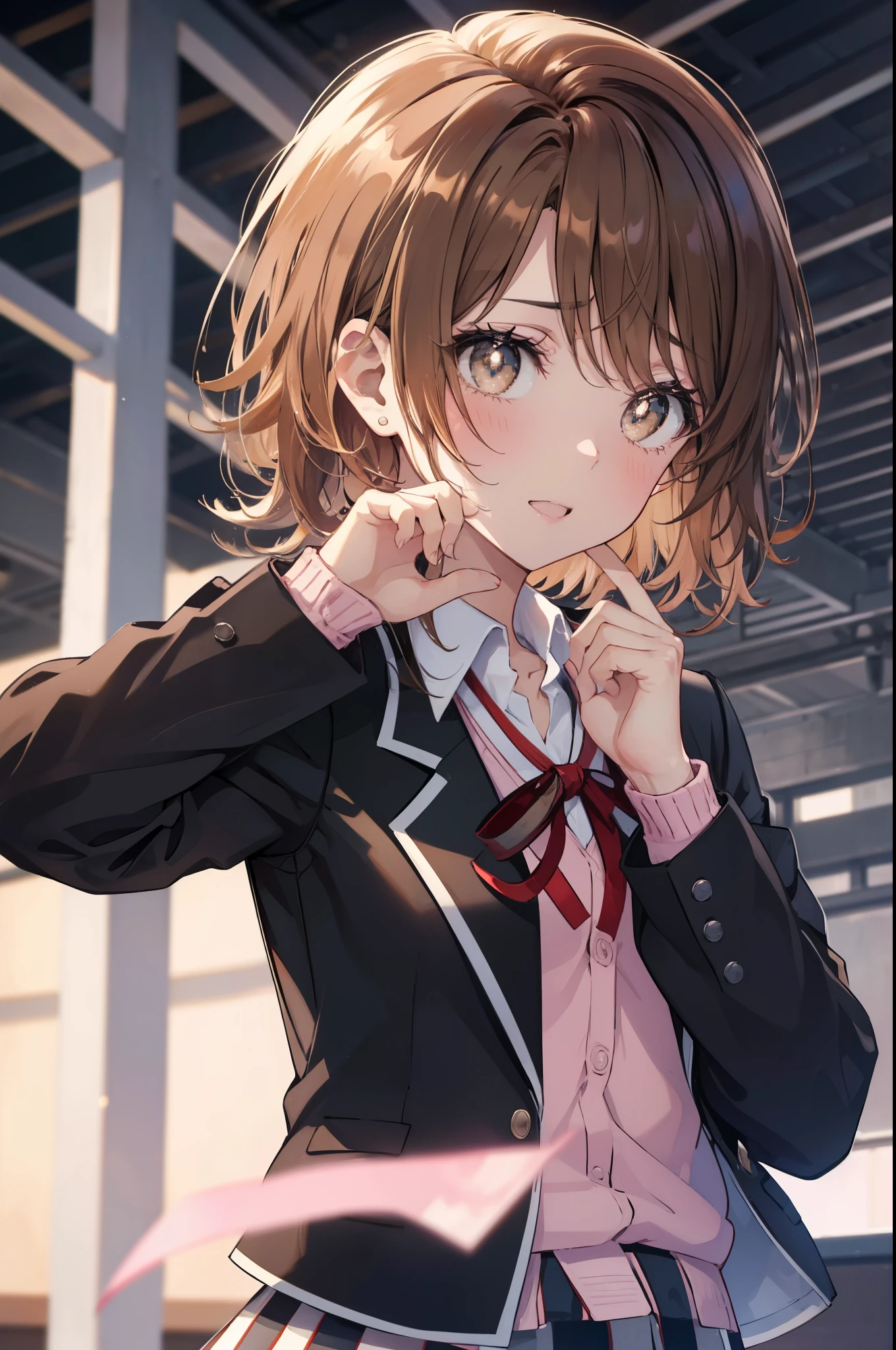 irohaisshiki, iroha isshiki, short hair, brown hair, (brown eyes:1.5), Smile with open mouth,blush,tears run down her face,tears of joy,
break skirt, shirt, ribbon, , Jacket, white shirt, closed clothes, socks, open Jacket, black Jacket, plaid, knee high, plaid skirt, blazer, cardigan, black socks, pink cardigan, the room is expensive ,Gymの舞台上でスピーチしている,graduation ceremony,
break indoors, School　Gym,
break looking at viewer,
break (masterpiece:1.2), highest quality, High resolution, unity 8k wallpaper, (shape:0.8), (fine and beautiful eyes:1.6), highly detailed face, perfect lighting, Very detailed CG, (perfect hands, perfect anatomy),