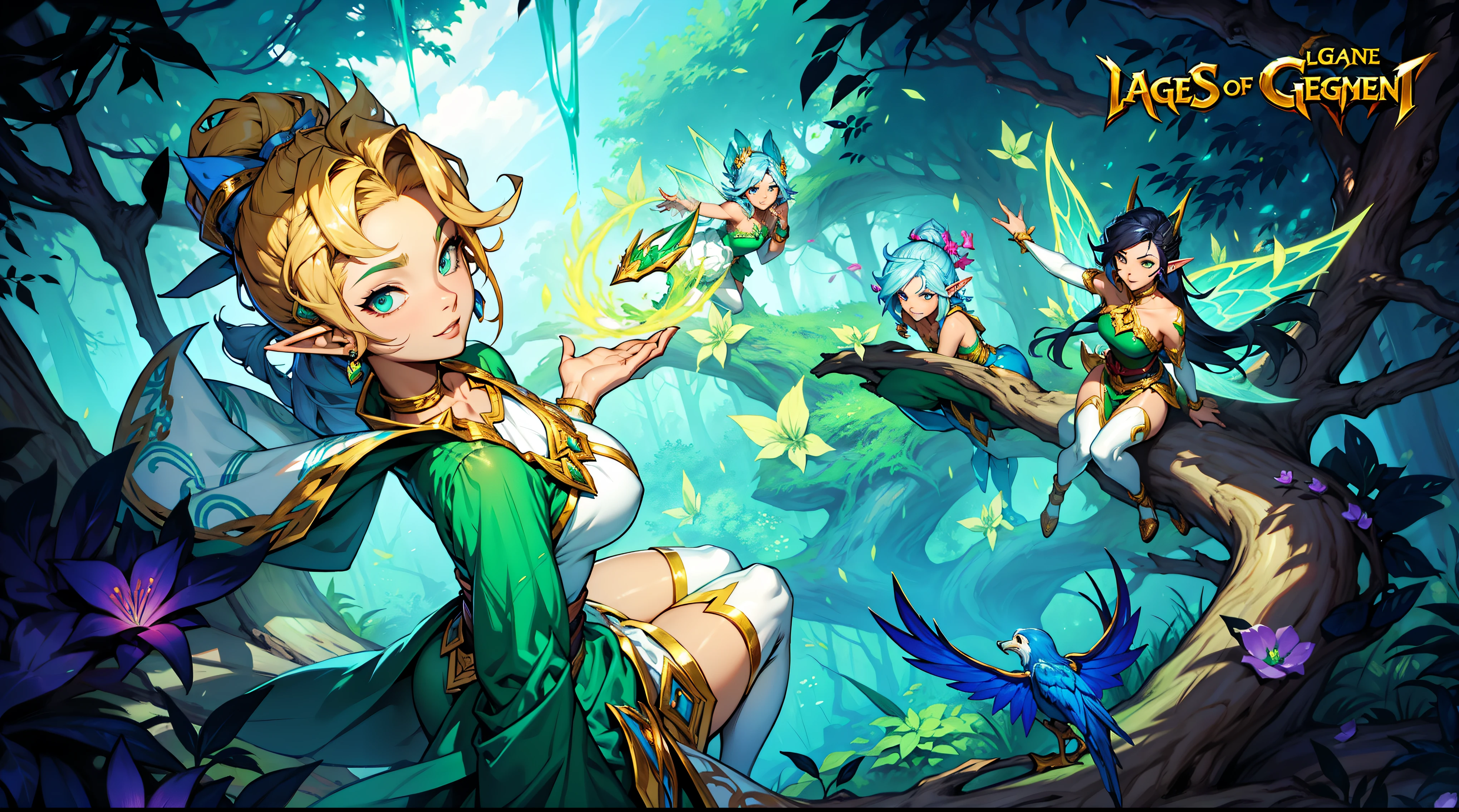 Cartoon picture of a woman and two children in the forest, Bronzed skin, League of Legends art style, Official splash art, From League of Legends, League of Legends style art, Elf, Elfs, Style ivan talavera and artgerm, guys, fairies, fantasy art style, zanlatalia, Bronzed skin, character splash art，Golden atmosphere，Warm colors