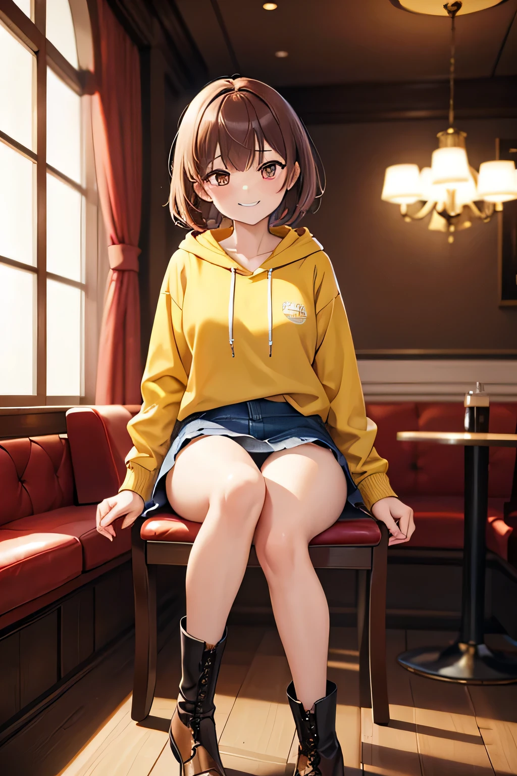 (1) There is one woman with beautiful legs, She sits on a chair、Showing beautiful legs and panties。, 
(2) she is sitting on a chair with her legs closed, I would like you to draw a picture of the whole body so that the legs can be seen.., 
(3) The woman is wearing a yellow long-sleeved hoodie、The skirt is a denim miniskirt.、My feet are wearing brown boots, 
(4) The visible pants are red and have flashy patterns.., 
(5) woman has short brown hair, shining eyes, A provocative grin,
(6) The place is a cafe restaurant.., 
(7) highest quality, High resolution, realistic pictures, realistic skin,