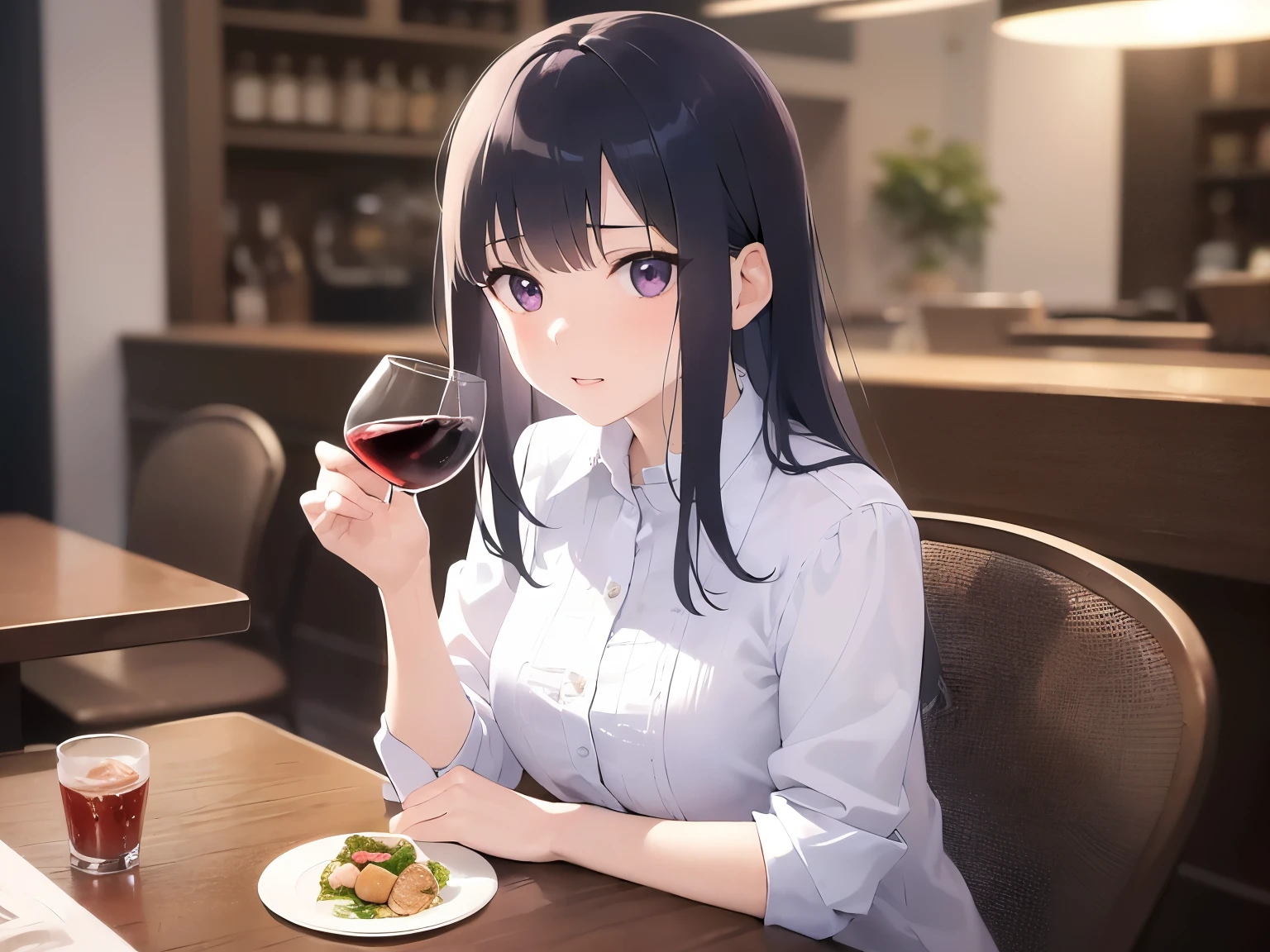 Realistic, real person, (pale skin: 1.2), RAW photo, photorealistic, portrait photography, shiny skin, japanese idol、shiny hair、(25 year old woman with straight medium hair with bangs) and (black hair) and (purple eyes) , Office Lady、wearing a white shirt、(embarrassed:1.2), The background is a restaurant at night、Alone、sitting、wine glass、food on a plate