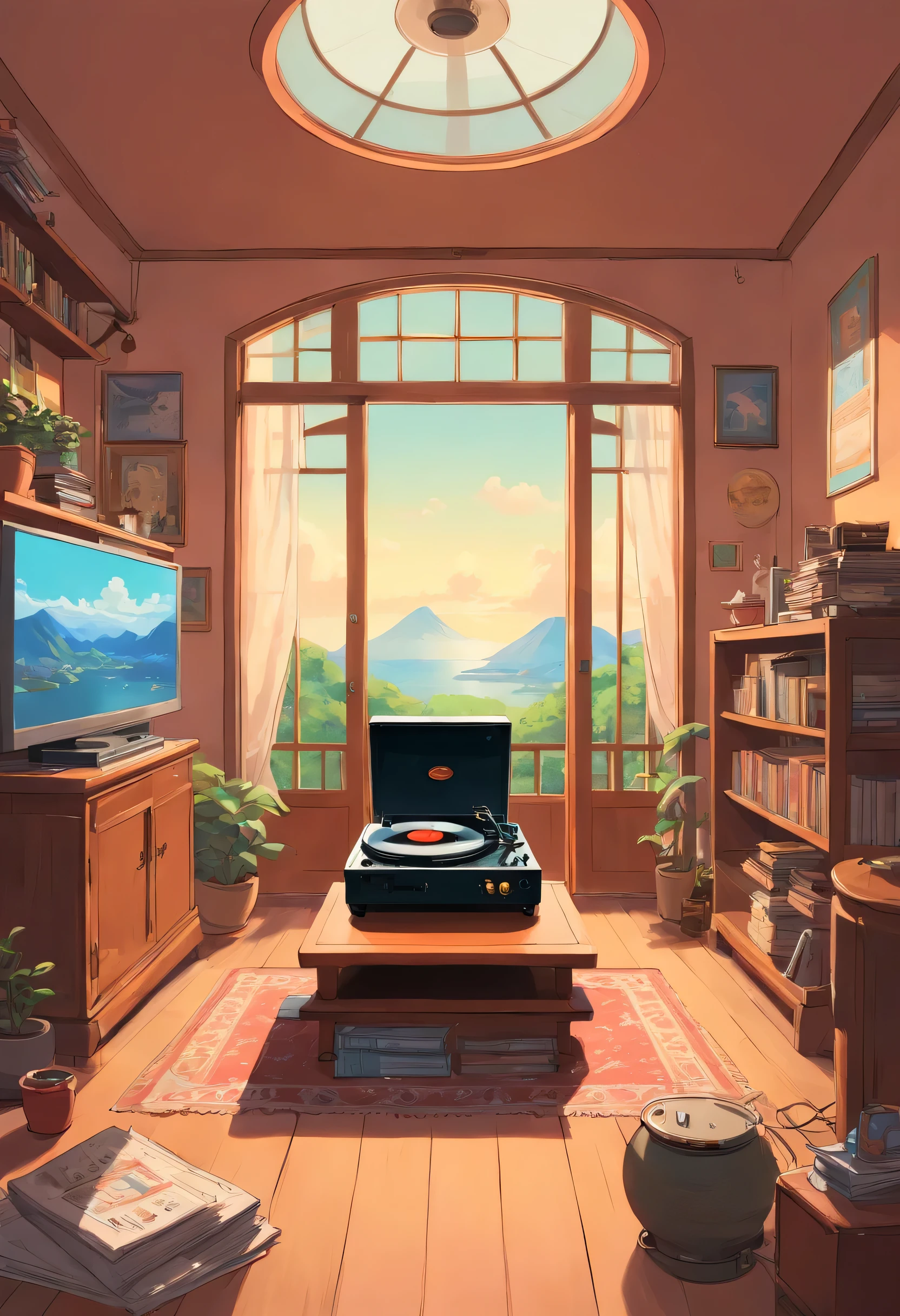 There is a picture of a room with a record player, lo-fi illustration style, shutter vibrations, Arte Lofi, Elogio Artstyle, Hip Hop Lofi, arte lo-fi, aesthetics praise, vibe louvar, Lofi sensation, louvar album art, Relaxar, cores louvar,8k