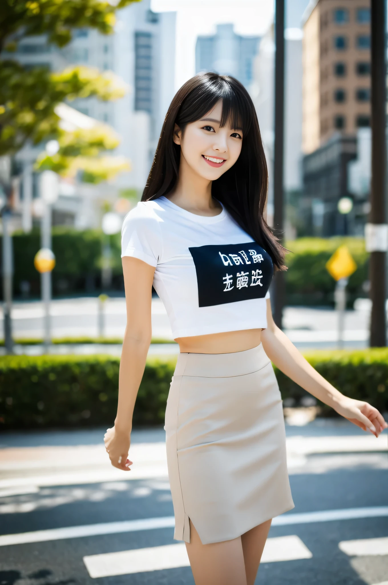 highest quality,masterpiece,32k,realistic,incredibly absurd,Depth of the bounds written、blur background、professional lighting,cinematic lighting,full body,slim and smooth lines,きれいなDay本人女性の写真,25 year old girl,Are standing,city,Wind,Day,nice weather,long hair,black hair,T-shirt,mini skirt,smile,