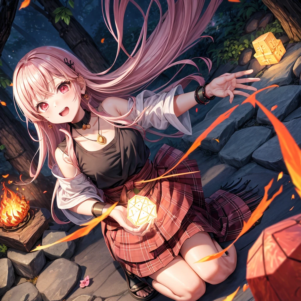 pink black blonde、red eyes、one good looking girl、solo、anime、plaid mini skirt、black camisole、black t-shirt、kimono、wearing a ribbon、ribbon at waist、stone slabs are piled up、crystal earrings、jewelry necklace、Light and shadow、walking、clock、universe、vine plant、petal、tilting one's face、teeth are visible、fire spirit、book of magic、Cube、bamboo forest、lava、Plum blossom、squatting down