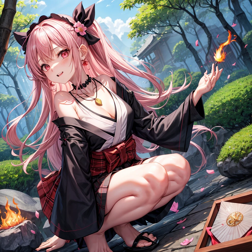 pink black blonde、red eyes、one good looking girl、solo、anime、plaid mini skirt、black camisole、black t-shirt、kimono、wearing a ribbon、ribbon at waist、stone slabs are piled up、crystal earrings、jewelry necklace、Light and shadow、walking、clock、universe、vine plant、petal、tilting one's face、teeth are visible、fire spirit、book of magic、Cube、bamboo forest、lava、Plum blossom、squatting down