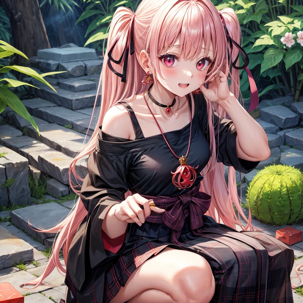 pink black blonde、red eyes、one good looking girl、solo、anime、plaid mini skirt、black camisole、black t-shirt、kimono、wearing a ribbon、ribbon at waist、stone slabs are piled up、crystal earrings、jewelry necklace、Light and shadow、walking、clock、universe、vine plant、petal、tilting one's face、teeth are visible、fire spirit、book of magic、Cube、bamboo forest、lava、Plum blossom、squatting down