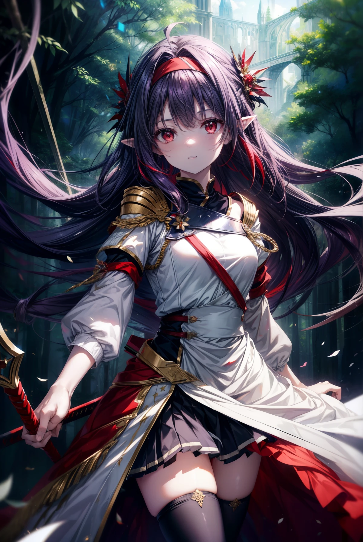 yuukikonno, Yuki Konno, hair band, long hair, pointy ears, purple hair, (red eyes:1.5), (small breasts:1.2), serious face,Grip the hilt of the sword with your left hand,
break white Thighhighs, removed sleeve, Thighhighs, dress, white dress, armor breastplate, purple armor,
break looking at viewer, Upper body, whole body,
break outdoors, forest, nature,
break (masterpiece:1.2), highest quality, High resolution, unity 8k wallpaper, (shape:0.8), (fine and beautiful eyes:1.6), highly detailed face, perfect lighting, Very detailed CG, (perfect hands, perfect anatomy),