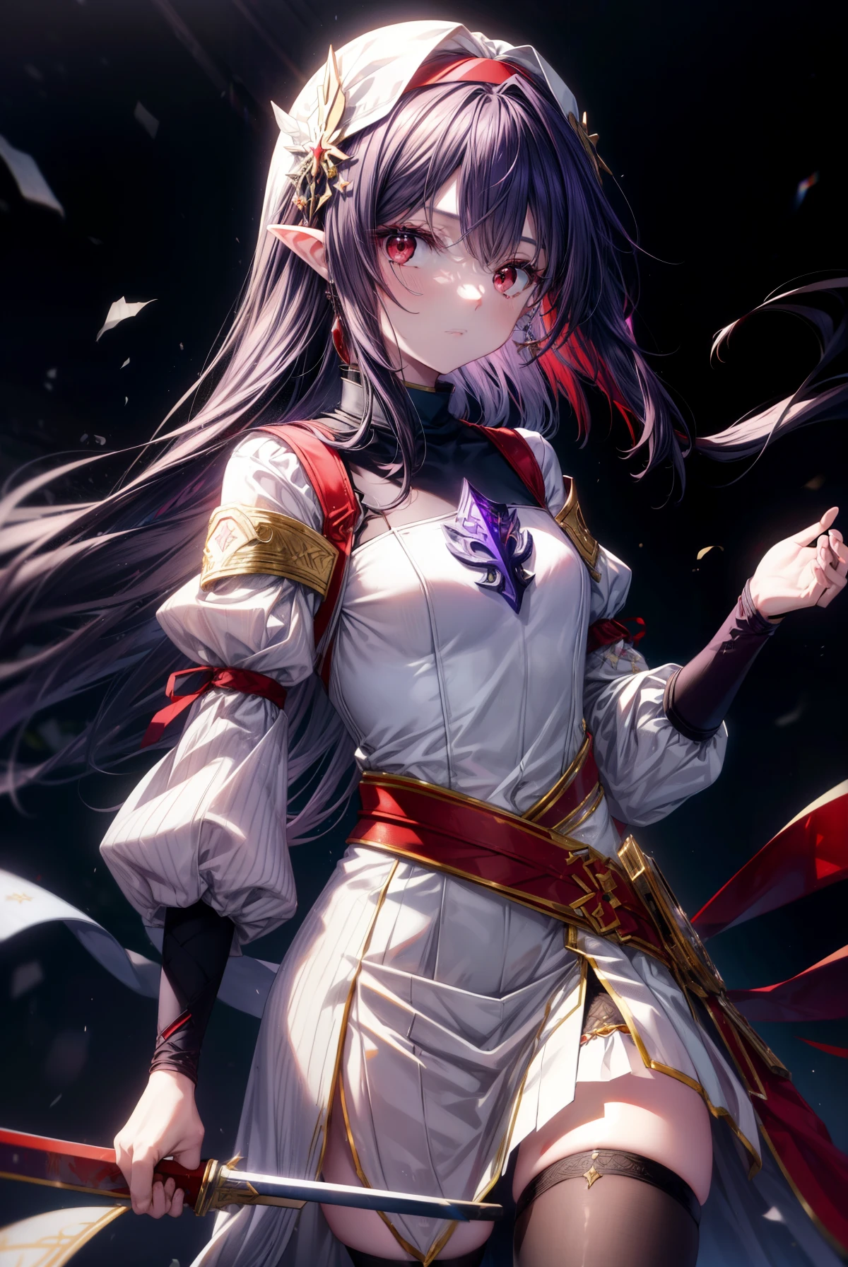 yuukikonno, Yuki Konno, hair band, long hair, pointy ears, purple hair, (red eyes:1.5), (small breasts:1.2), serious face,Grip the hilt of the sword with your left hand,
break white Thighhighs, removed sleeve, Thighhighs, dress, white dress, armor　breastplate, purple armor,
break looking at viewer, Upper body, whole body,
break outdoors, forest, nature,
break (masterpiece:1.2), highest quality, High resolution, unity 8k wallpaper, (shape:0.8), (fine and beautiful eyes:1.6), highly detailed face, perfect lighting, Very detailed CG, (perfect hands, perfect ???????),