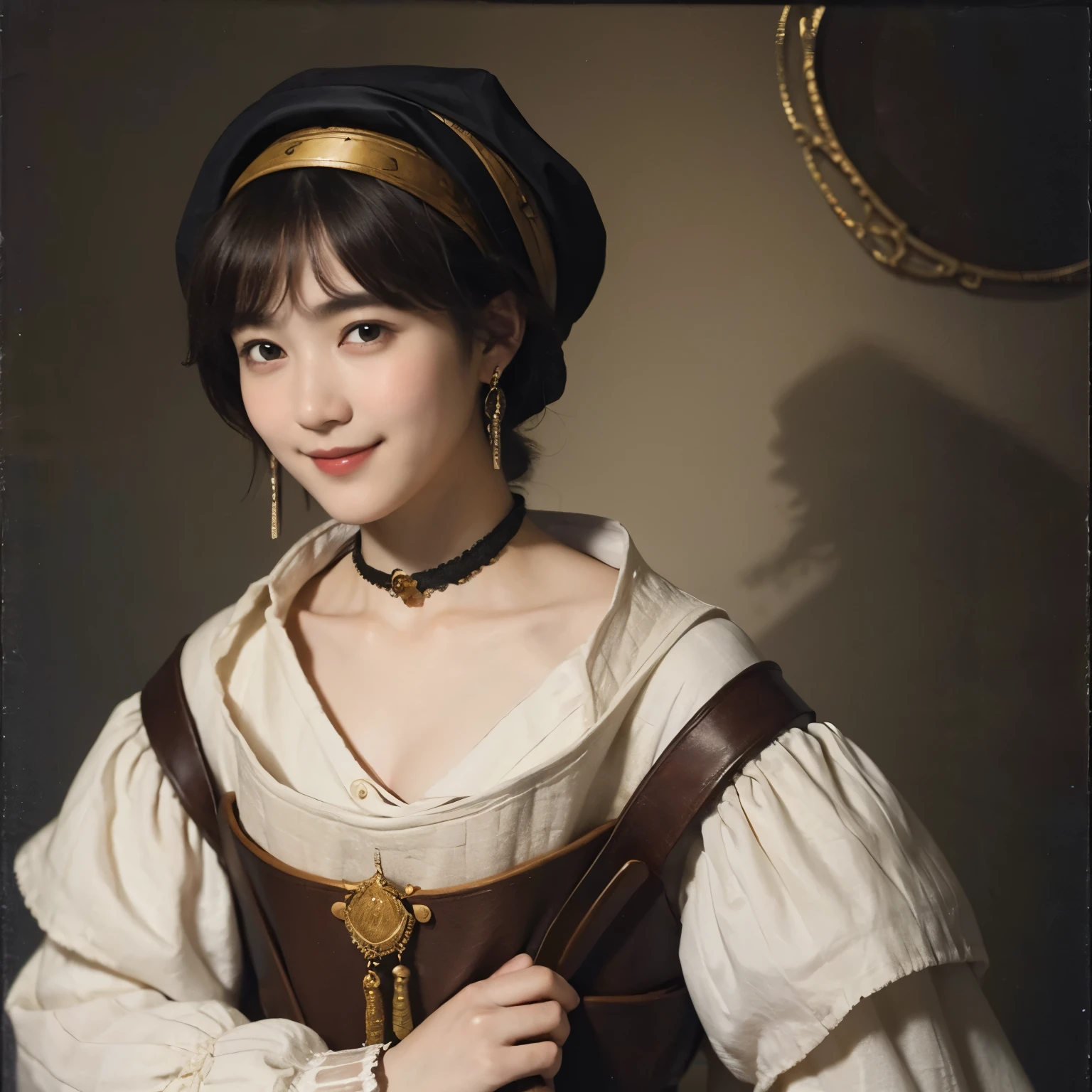 181 short hair, 20 year old female, gentle smile, (rembrandt style painting), (chest:1.2), long sleeve clothes