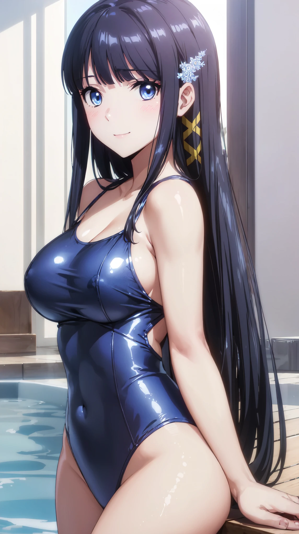 (1 girl, alone:1.3), (masterpiece:1.3),very precise detailed,ultra high resolution,extremely detailed CG unity 8k wallpaper,(Realistic,Photorealsitic,hyper realisitic:1.3),(Curve,Model,glamor:1.3),beautiful breasts,chromatic_aberration,beautiful detailed shadow,beautiful eyes,beautiful body,beautiful skin,beautiful hand,(Aesthetic Anime Eyes:1.2),arms behind head,highest quality,(20-year-old),(shiny oiled skin: 1.2), The Irregular at Magic High School,Shiba Miyuki, black eye, blue eyes, tsurime, eyelash, black hair, long hair, princess cut, straight hair, dull bangs, blunt end, side lock, hair ornaments, snowflake hair ornaments, tress ribbon,cleavage cutout,(navy blue school swimsuit:1.1),(wet swuimsuit), bare shoulders, bare arms, cleavage, big breasts, Upper body, Liar, looking at the viewer, behind, (Poolside:1.2), blush, smile, bed sheet, pillow