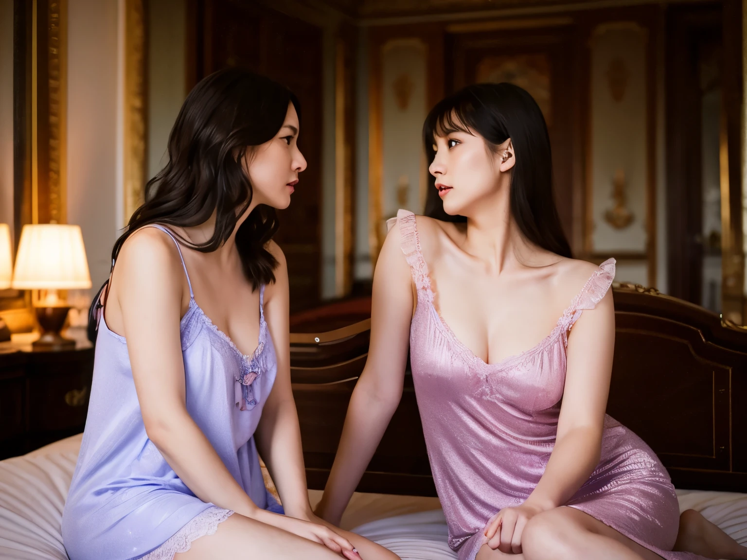 42 year old mother and 22 year old daughter in a European palace bedroom。Both of them are wearing thin, short camisole nightgowns.。The two of them are staring at me, seducing me and pleading with me.。photograph