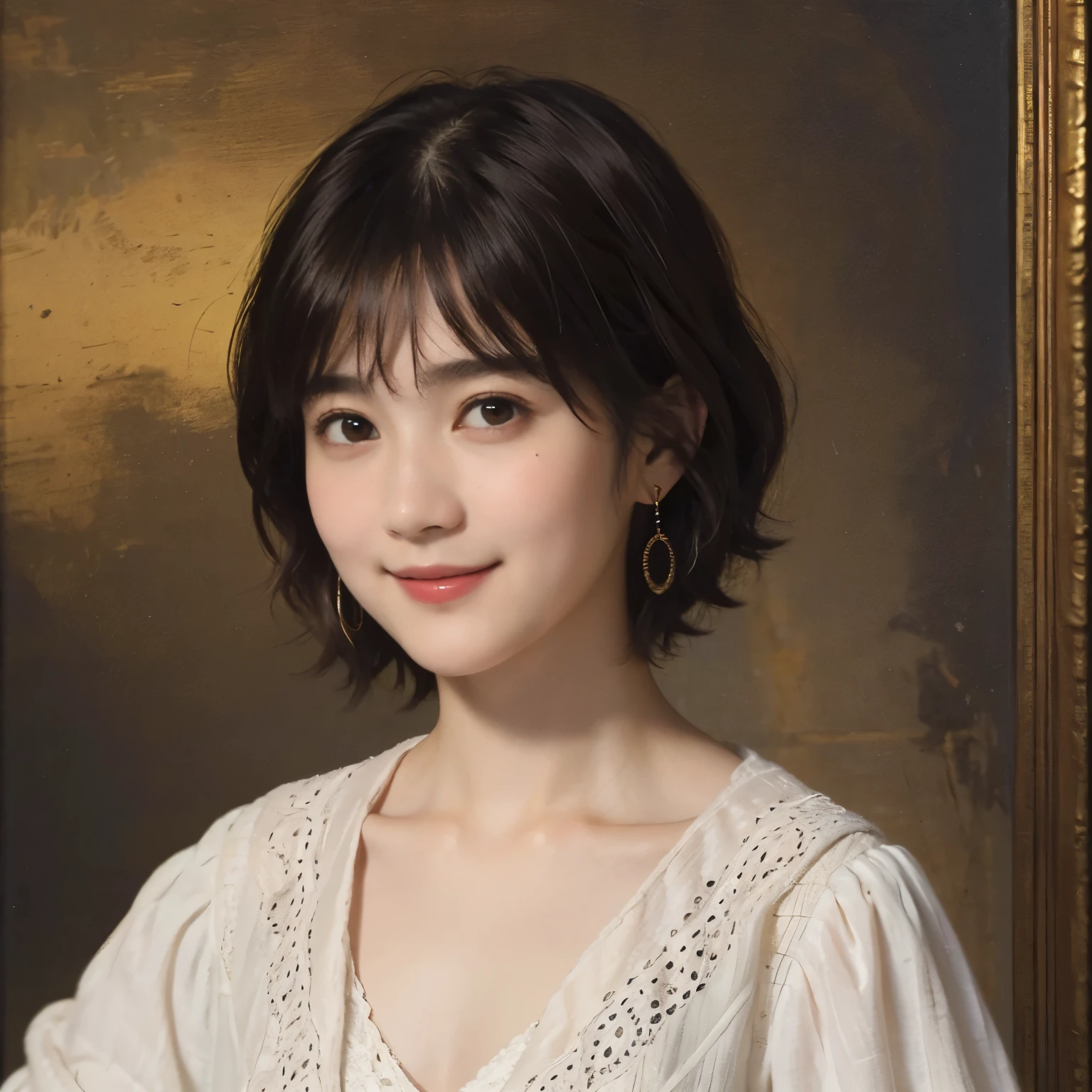 181 short hair, 20 year old female, gentle smile, (rembrandt style painting), (chest:1.2), long sleeve clothes
