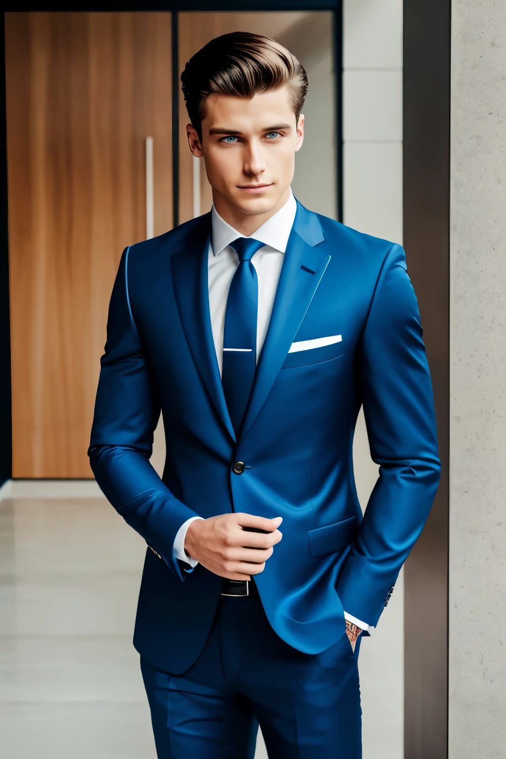 A 21-year-old young man, smartly dressed in a suit and tie, exudes confidence as he poses for the photoshoot, either in the sophisticated ambiance of an office or the elegant exterior. The sharp lines of his attire accentuate his slender figure, while his piercing blue eyes gaze intently into the camera lens. The image is of high quality, boasting exceptional detail and cinematic depth. Nikon D850 captures this moment with natural light and a 35mm lens, resulting in a 6k, high-definition, true-to-life image that showcases every detail of his stylish appearance. The composition is centered, with a clear focus