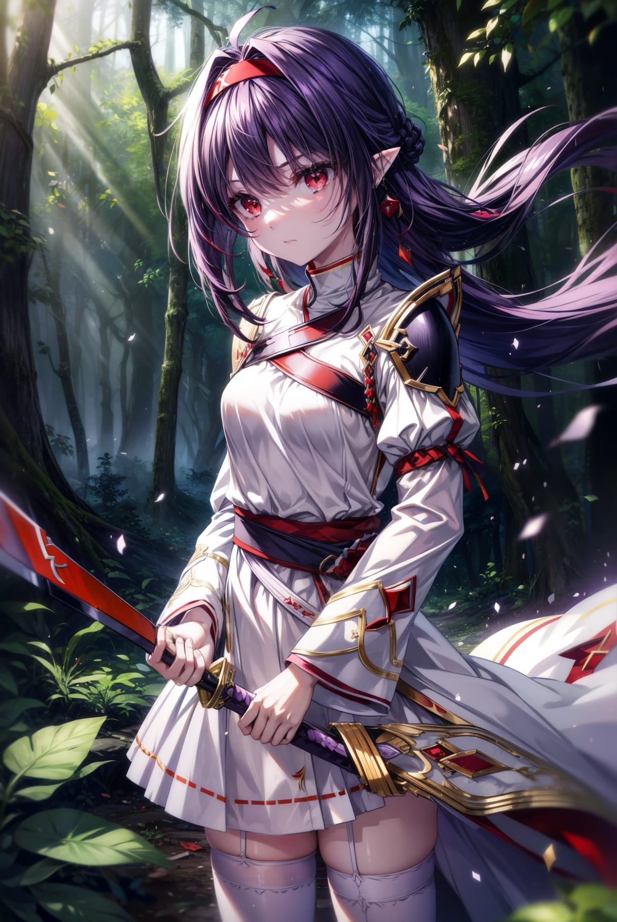 yuukikonno, Yuki Konno, hair band, long hair, pointy ears, purple hair, (red eyes:1.5), (small breasts:1.2), serious face,Grip the hilt of the sword with your left hand,
break white Thighhighs, removed sleeve, Thighhighs, dress, white dress, armor　breastplate, purple armor,
break looking at viewer, Upper body, whole body,
break outdoors, forest, nature,
break (masterpiece:1.2), highest quality, High resolution, unity 8k wallpaper, (shape:0.8), (fine and beautiful eyes:1.6), highly detailed face, perfect lighting, Very detailed CG, (perfect hands, perfect anatomy),