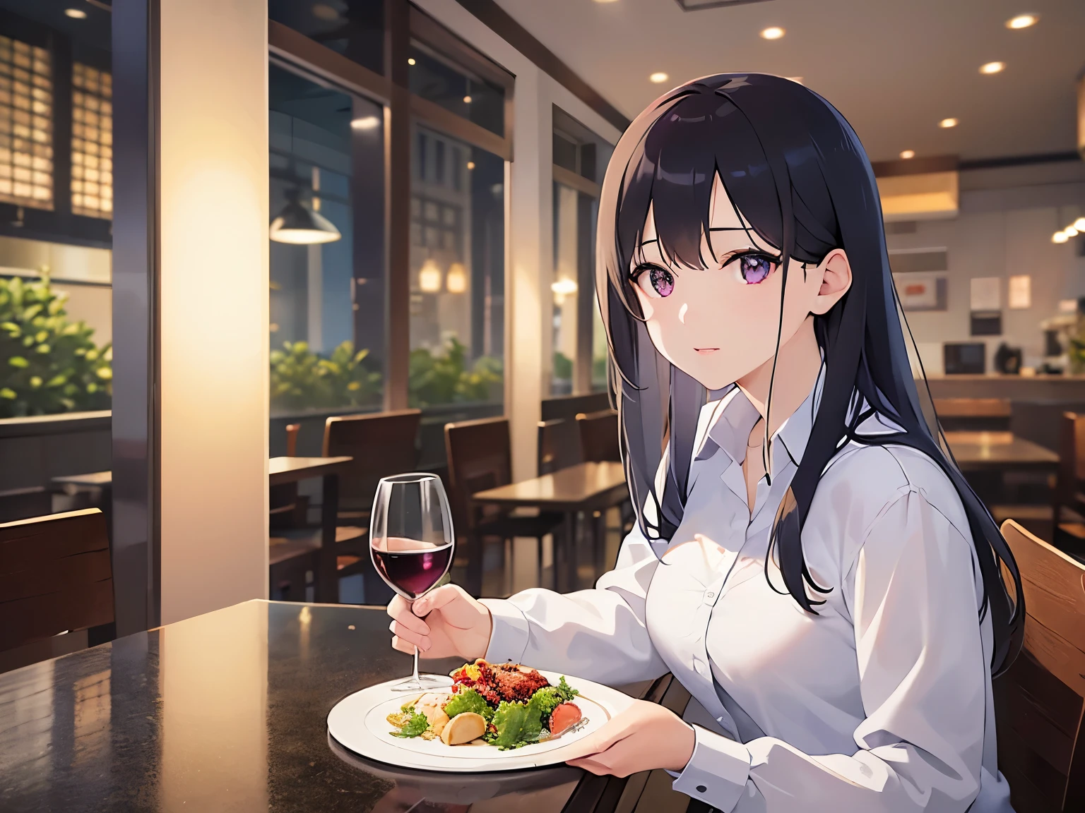 holding a  wine glass,  Realistic, real person, (pale skin: 1.2), RAW photo, photorealistic, portrait photography, shiny skin, japanese idol、shiny hair、(25 year old woman with straight medium hair with bangs) and (black hair) and (purple eyes) , Office Lady、wearing a white shirt、(embarrassed:1.2), The background is a restaurant at night、Alone、sitting、wine glass、food on a plate