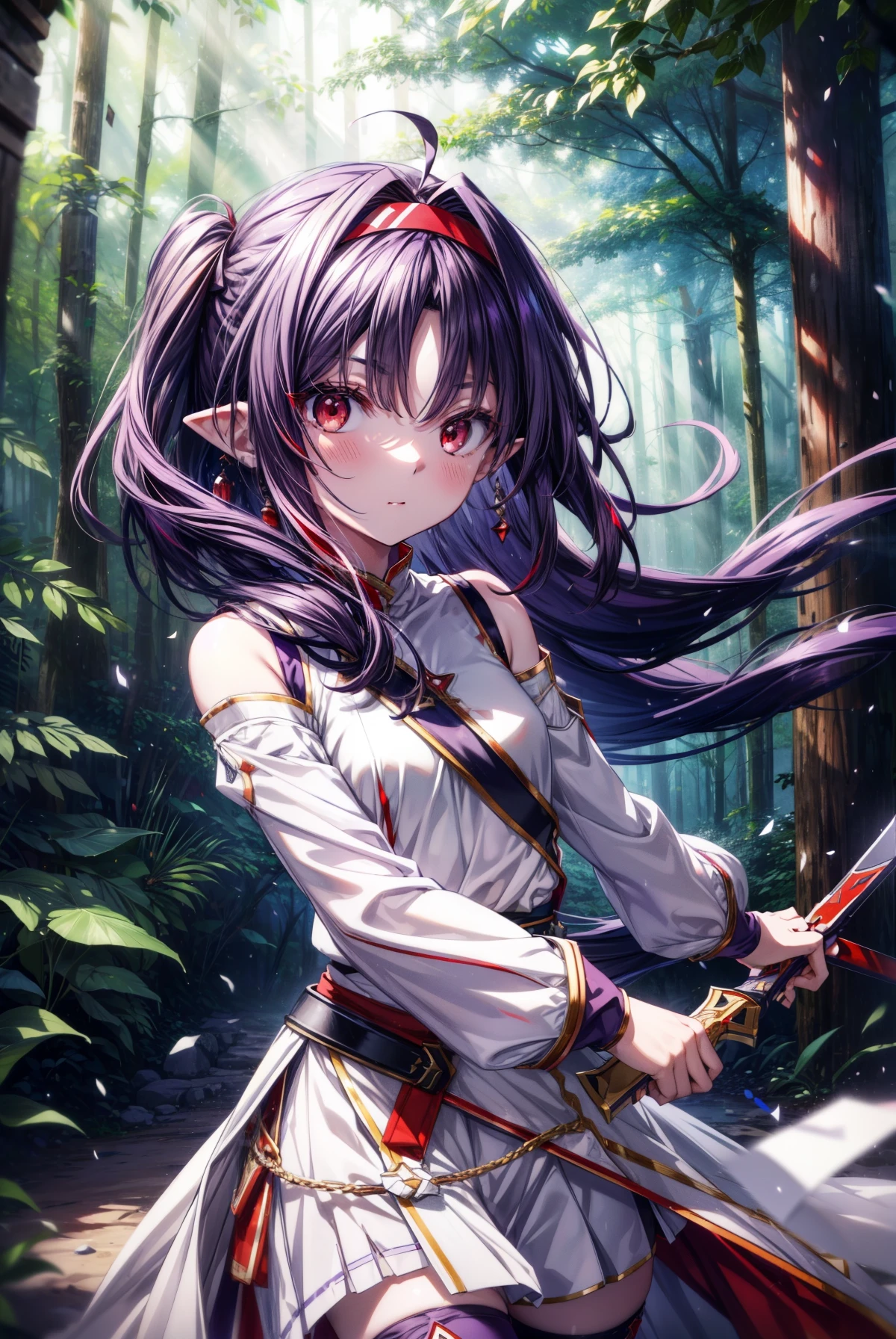 yuukikonno, Yuki Konno, hair band, long hair, pointy ears, purple hair, (red eyes:1.5), (small breasts:1.2), serious face,Grip the hilt of the sword with your left hand,
break white Thighhighs, removed sleeve, Thighhighs, dress, white dress, armor breastplate, purple armor,
break looking at viewer, Upper body, whole body,
break outdoors, forest, nature,
break (masterpiece:1.2), highest quality, High resolution, unity 8k wallpaper, (shape:0.8), (fine and beautiful eyes:1.6), highly detailed face, perfect lighting, Very detailed CG, (perfect hands, perfect anatomy),